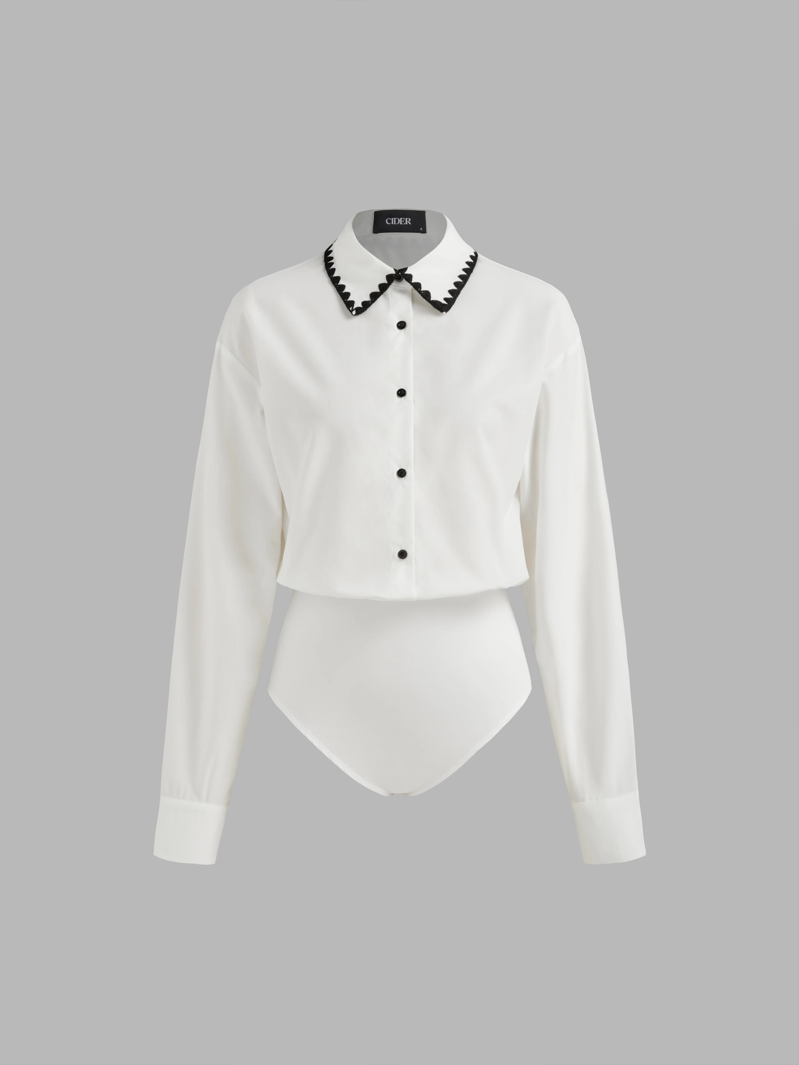 Polo Solid Contrasting Binding Long Sleeve Blouse Bodysuit