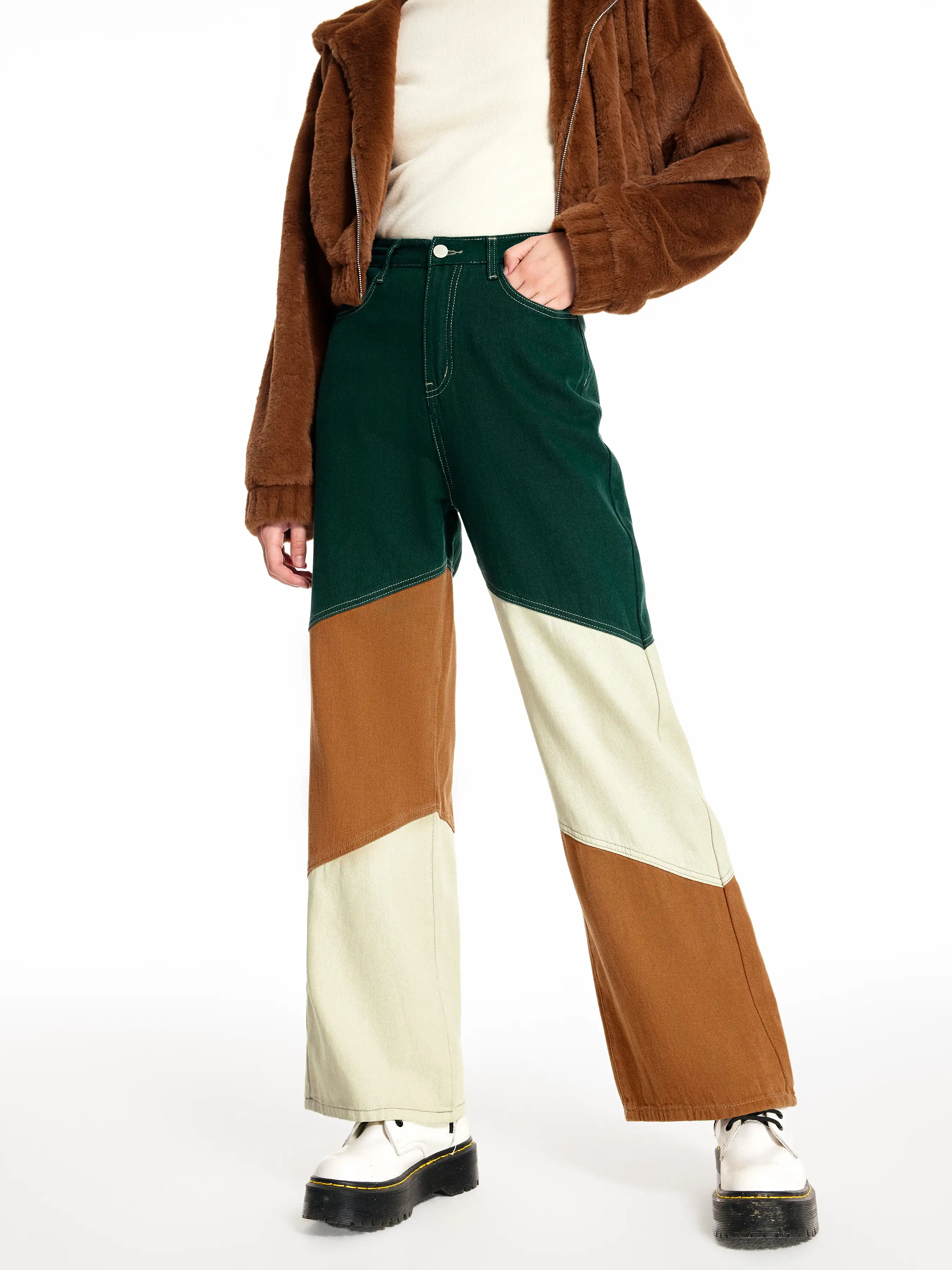 Denim Mid Rise Patchy Wide Leg Trousers