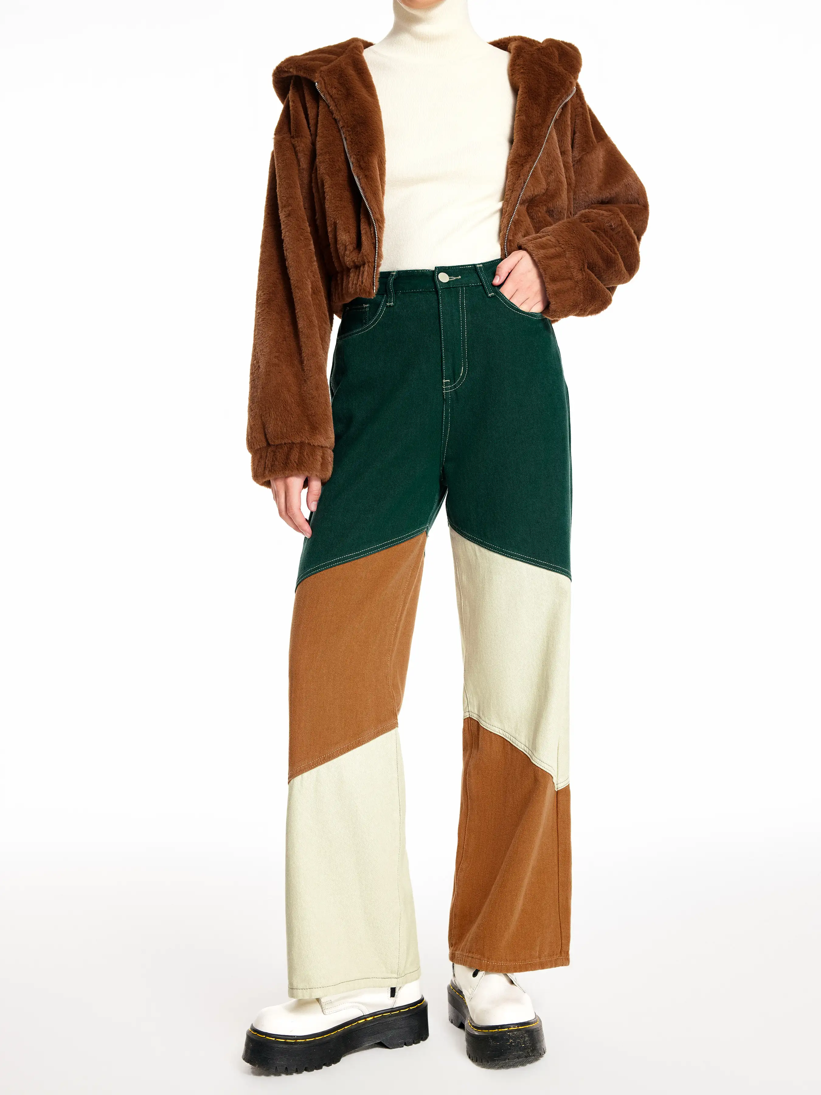 Denim Mid Rise Patchy Wide Leg Trousers