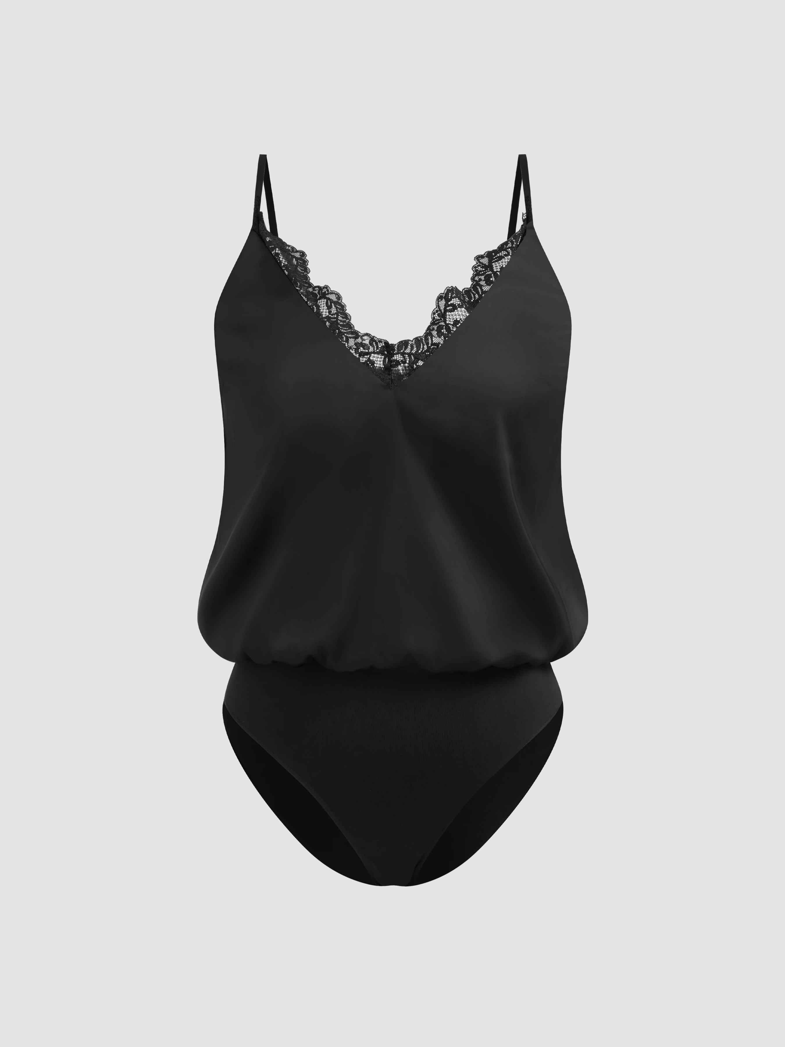 Satin V-neck Solid Lace Bodysuit