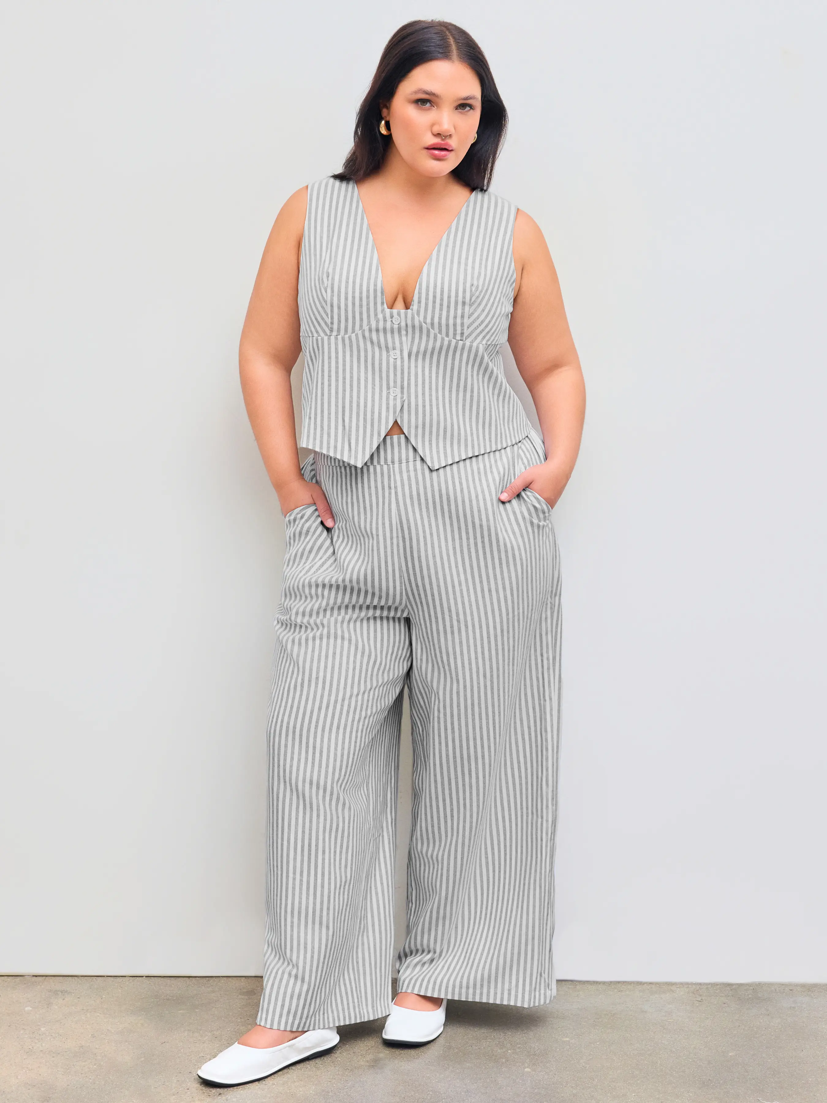 Cotton-blend V-neck Striped Belted Vest & Striped Pocket Straight Leg Trousers Curve & Plus