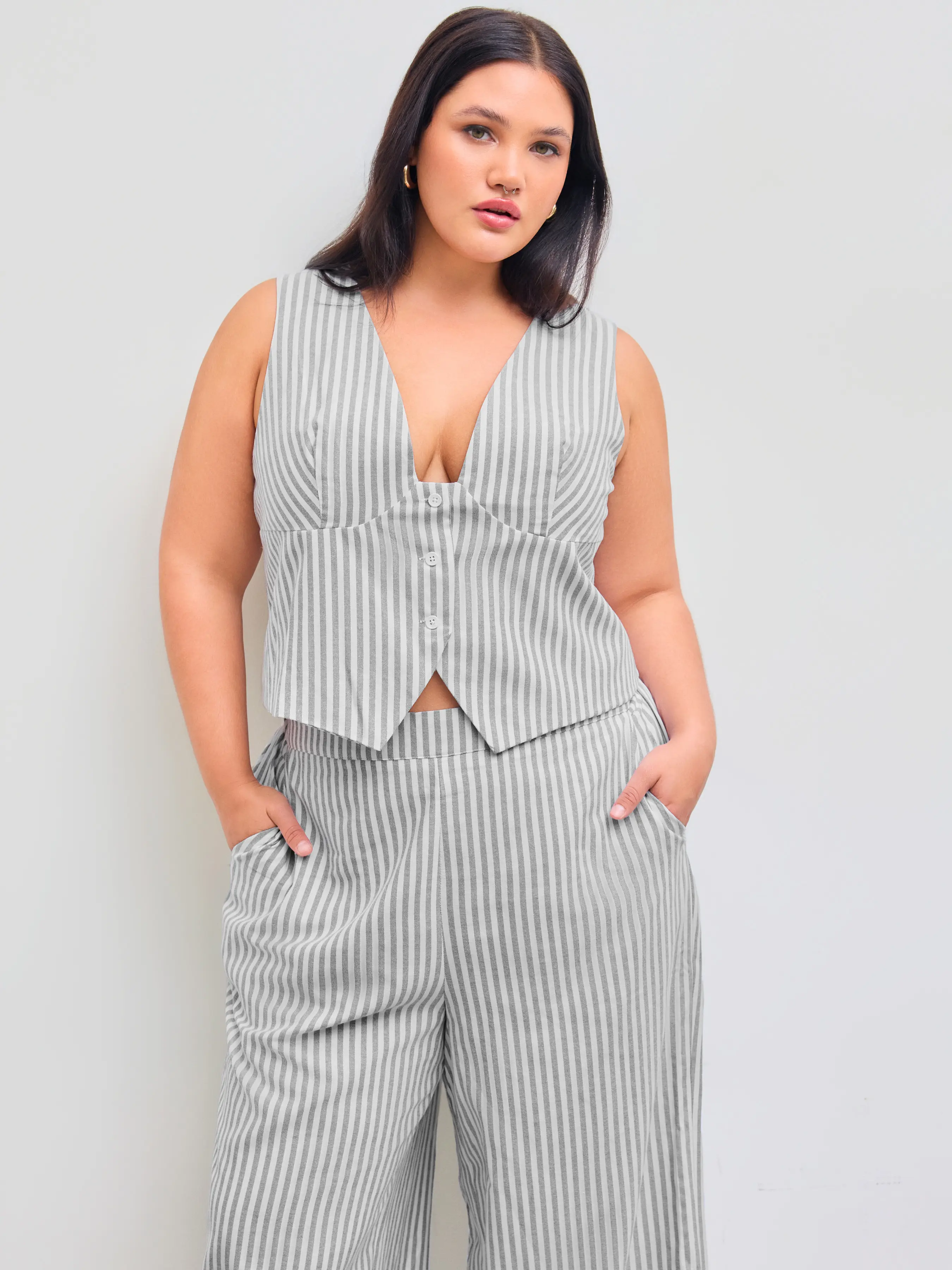 Cotton-blend V-neck Striped Belted Vest & Striped Pocket Straight Leg Trousers Curve & Plus