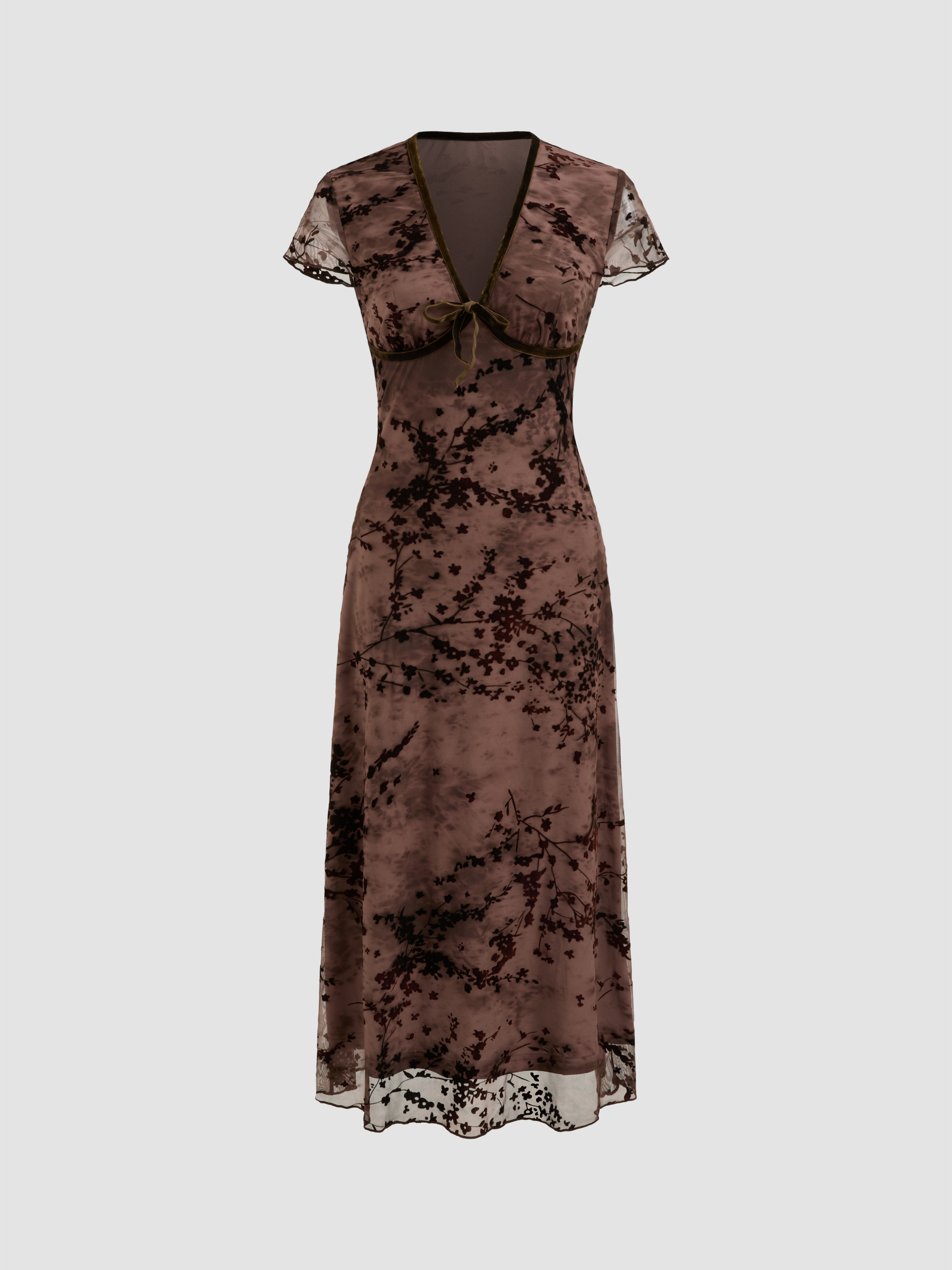 Mesh V-neck Floral Ruffle Knotted Midi Dress