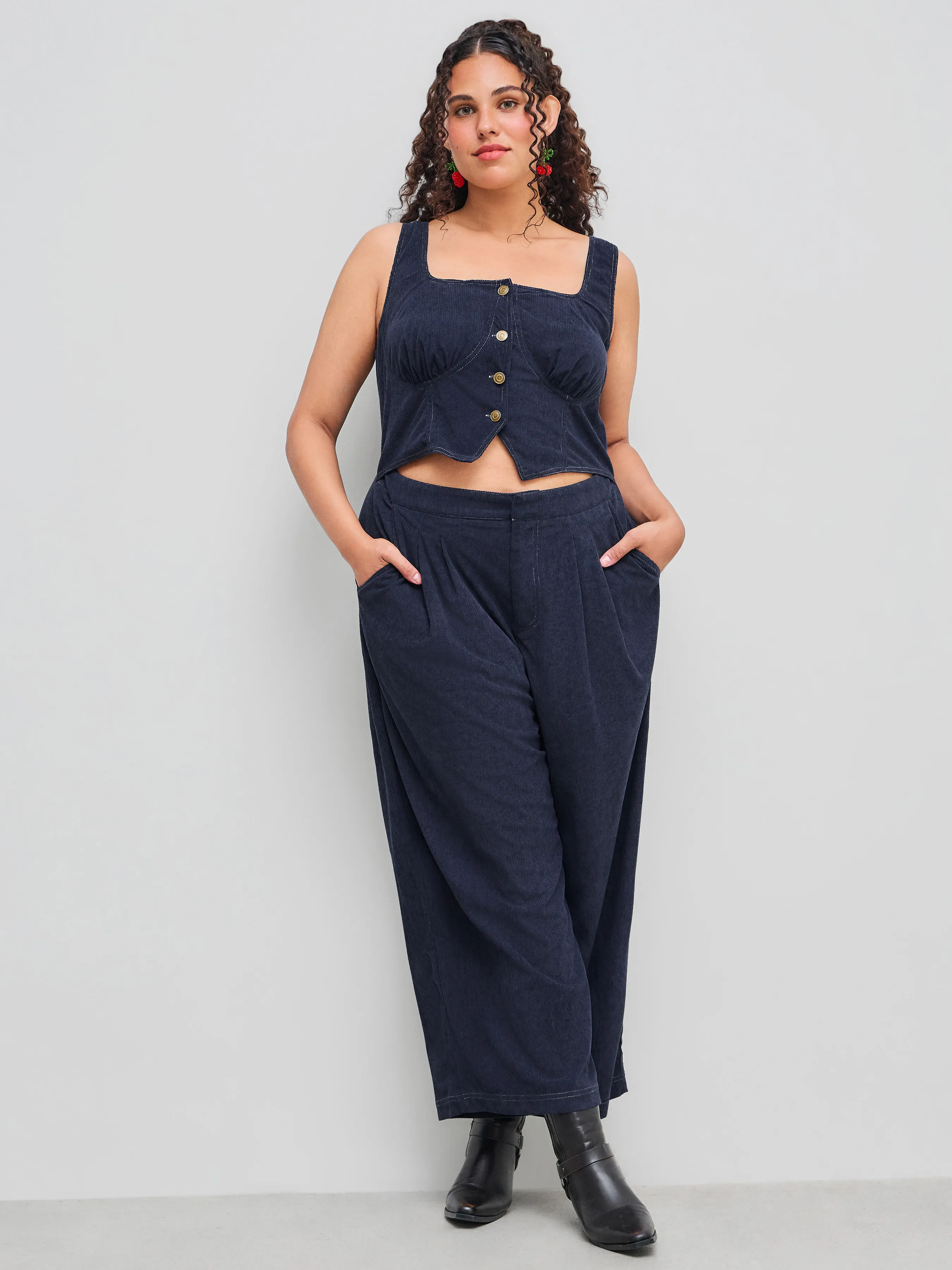 Corduroy Square Neck Solid Button Pocket Wide Leg Jumpsuit Curve & Plus