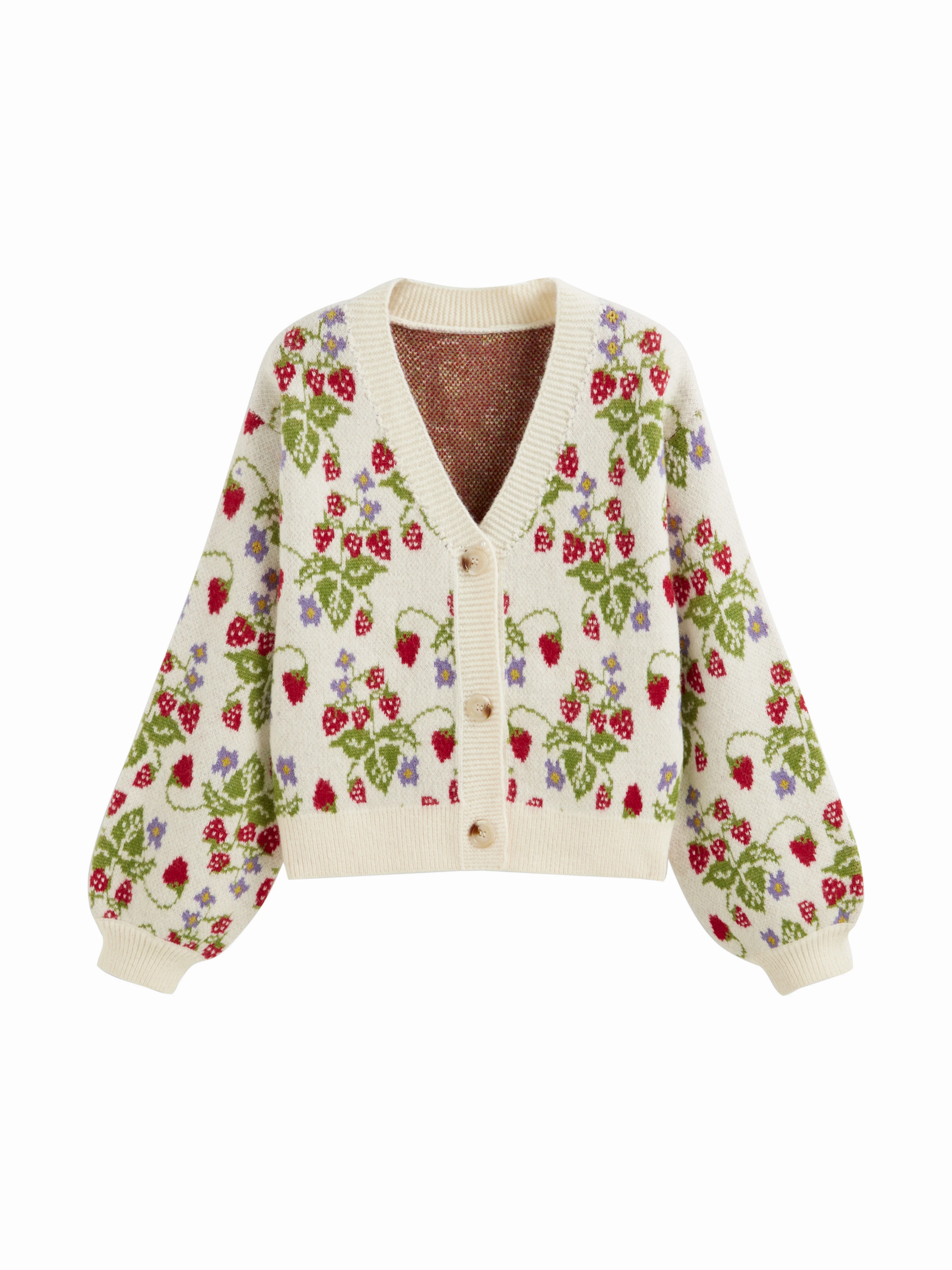 Knit V-neck Strawberry Button Oversized Cardigan
