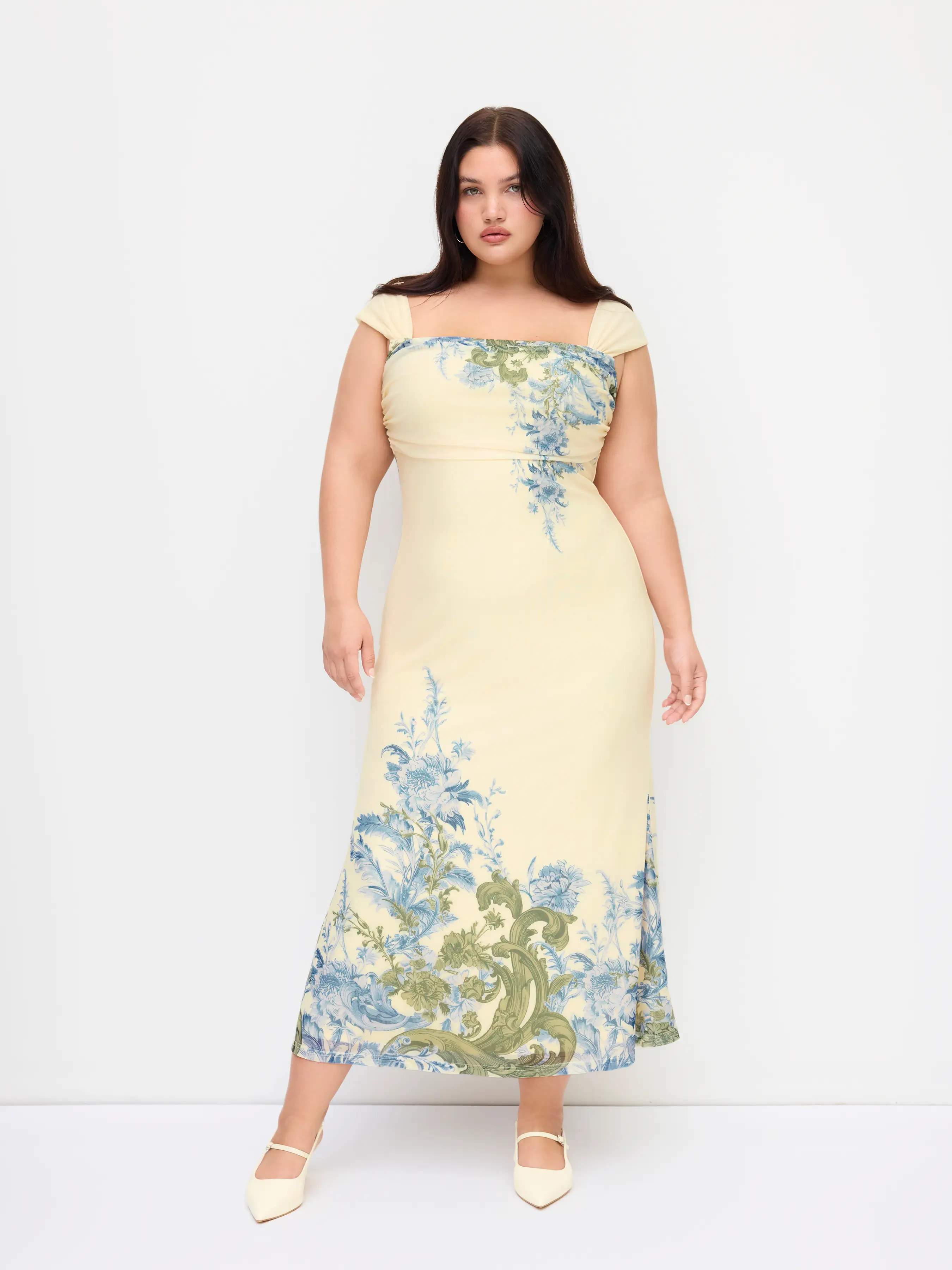 Square Neck Floral Graphic Ruched Maxi Dress Curve & Plus