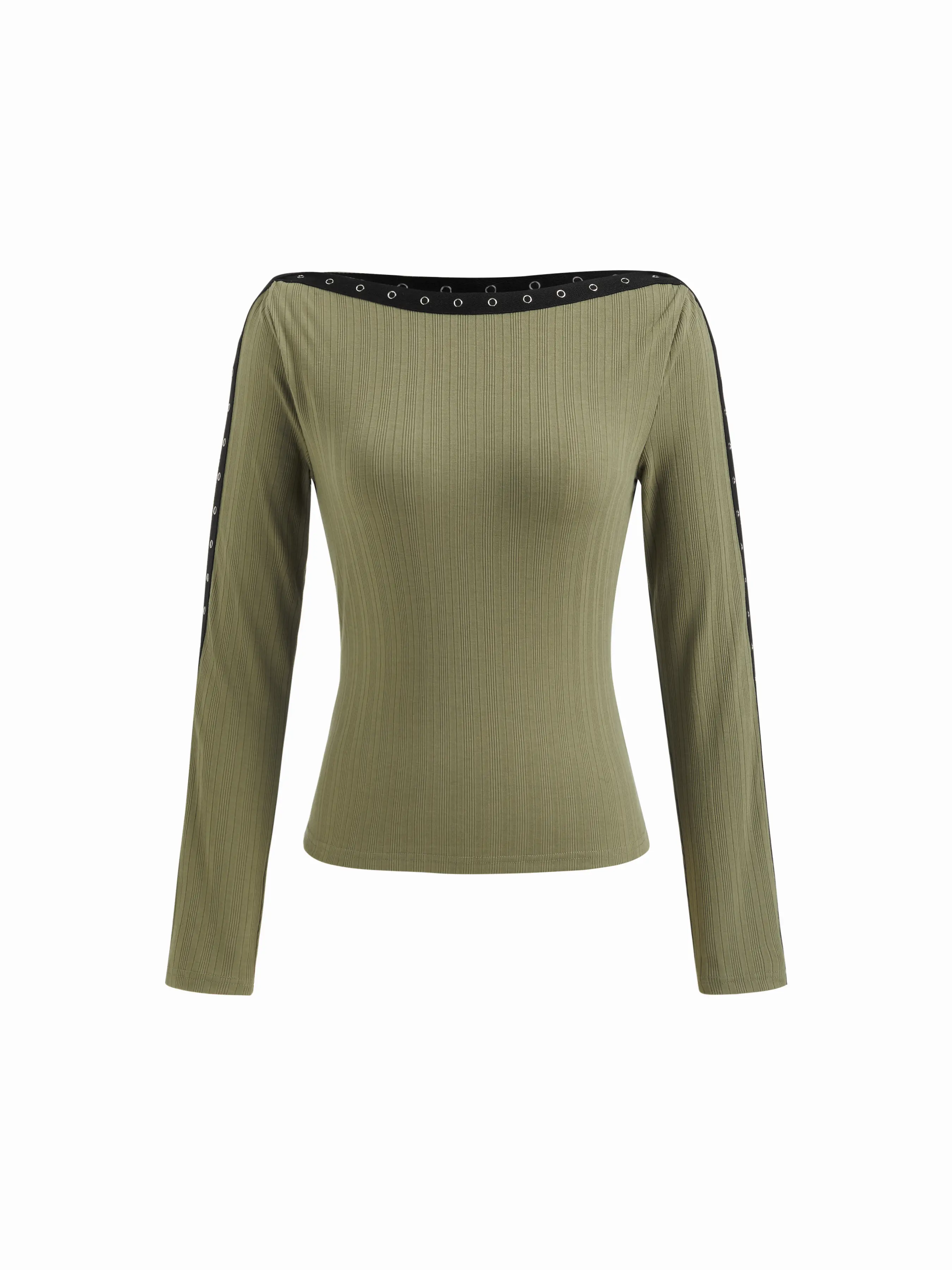 Boat Neck Long Sleeve Metal Detail Contrasting Binding Tee