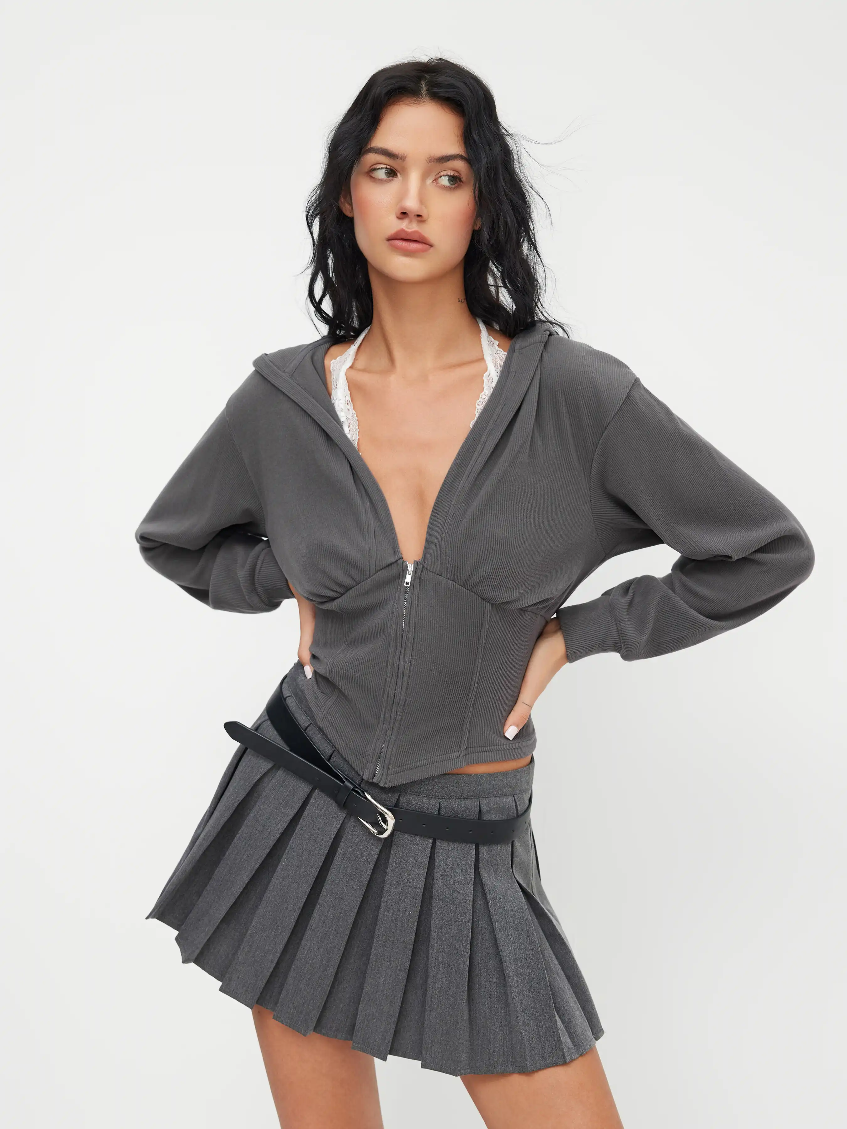 Rib Lace Halter Contrasting Binding Hoodie