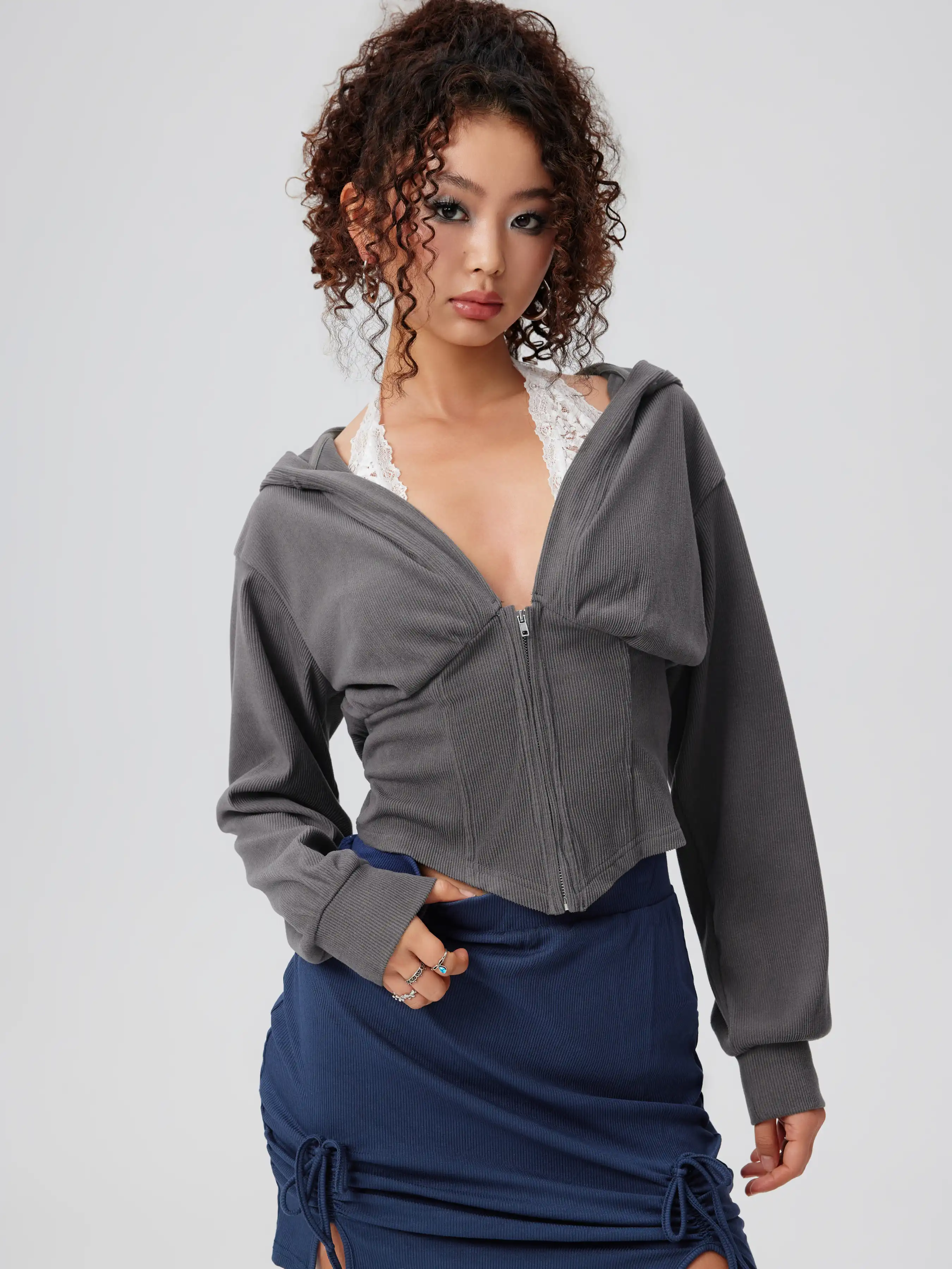 Rib Lace Halter Contrasting Binding Hoodie