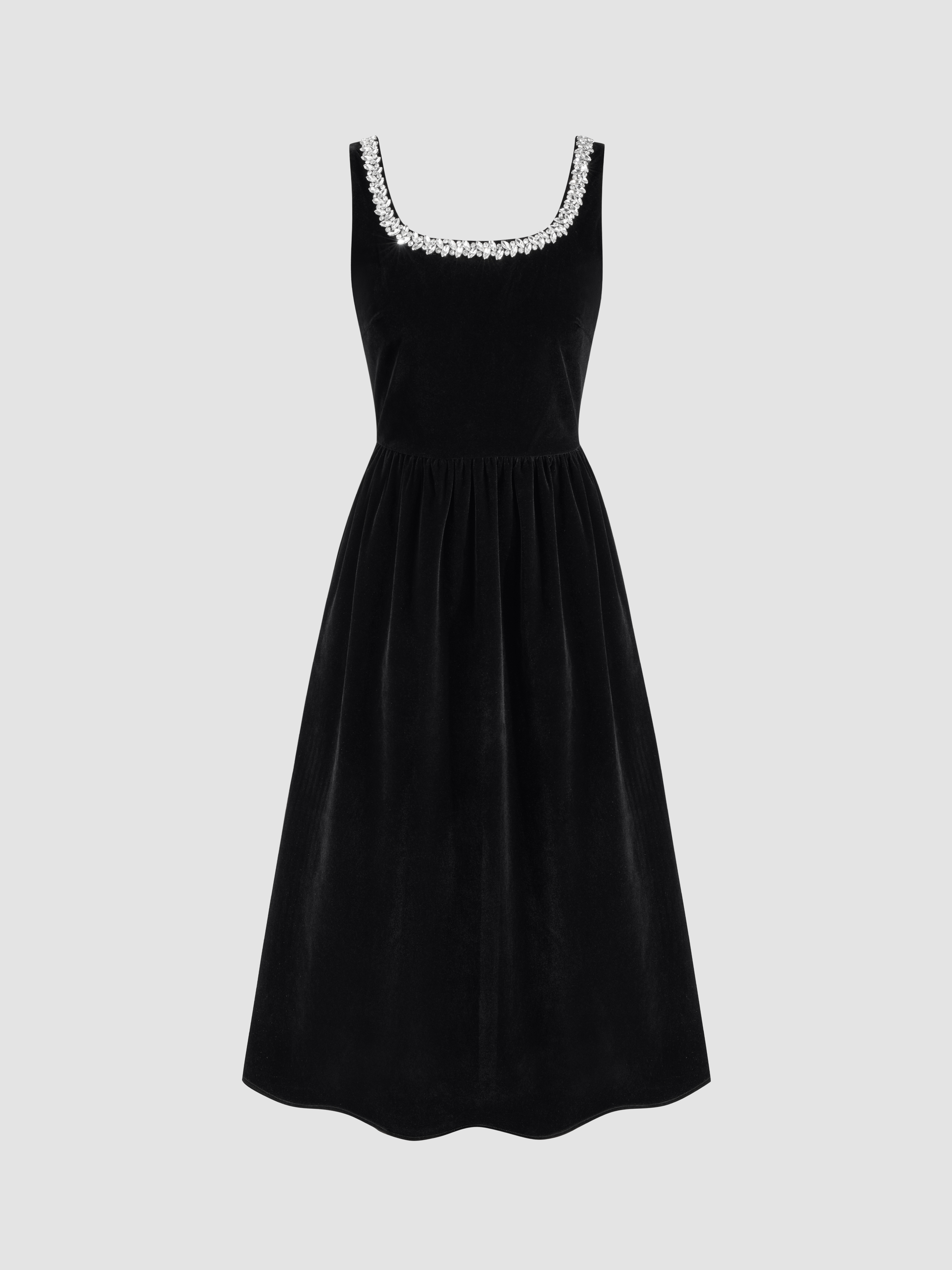 Velvet Rhinestone Ruffle Maxi Dress