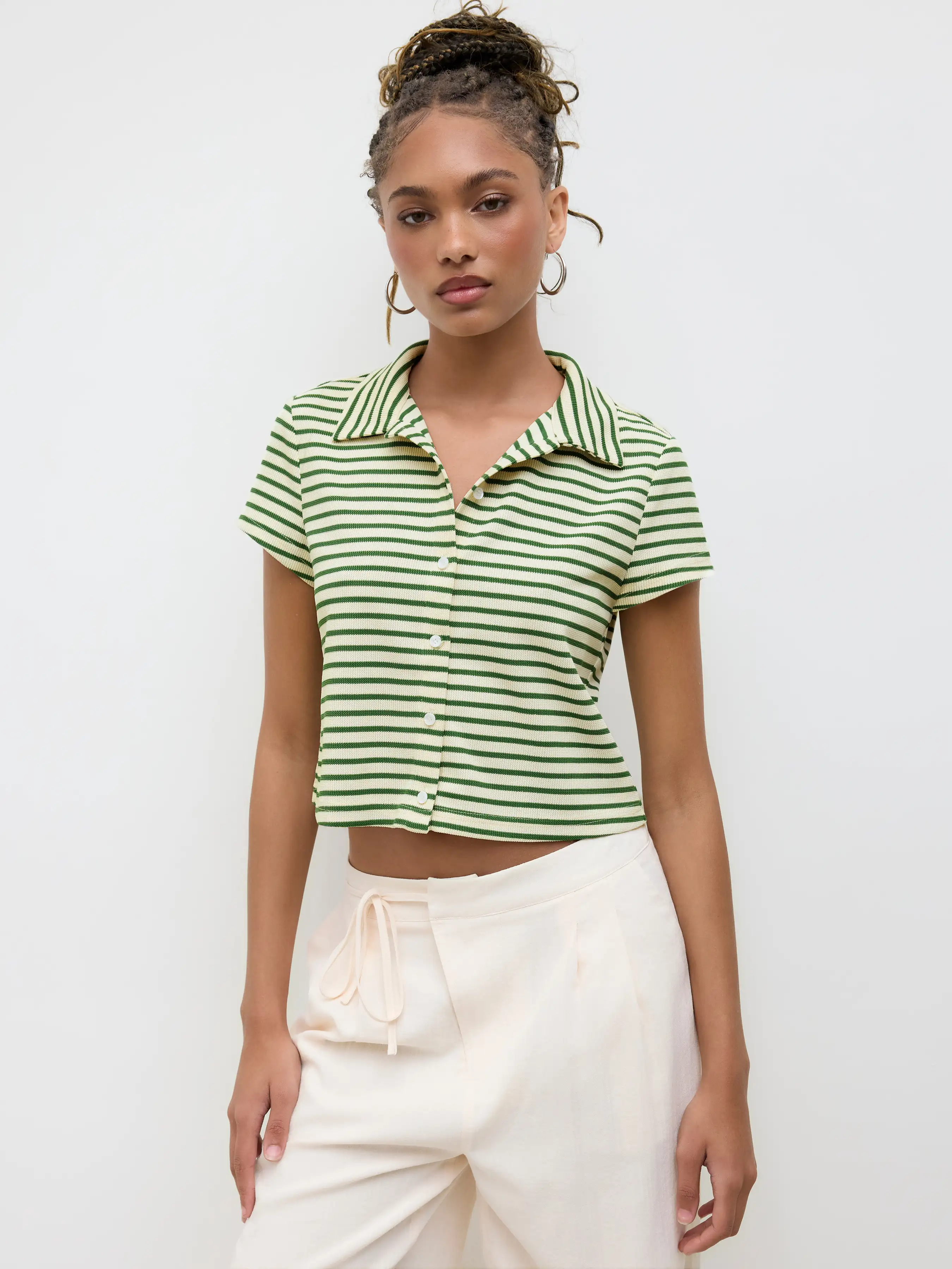 Polo Collar Stripe Button Through Tee