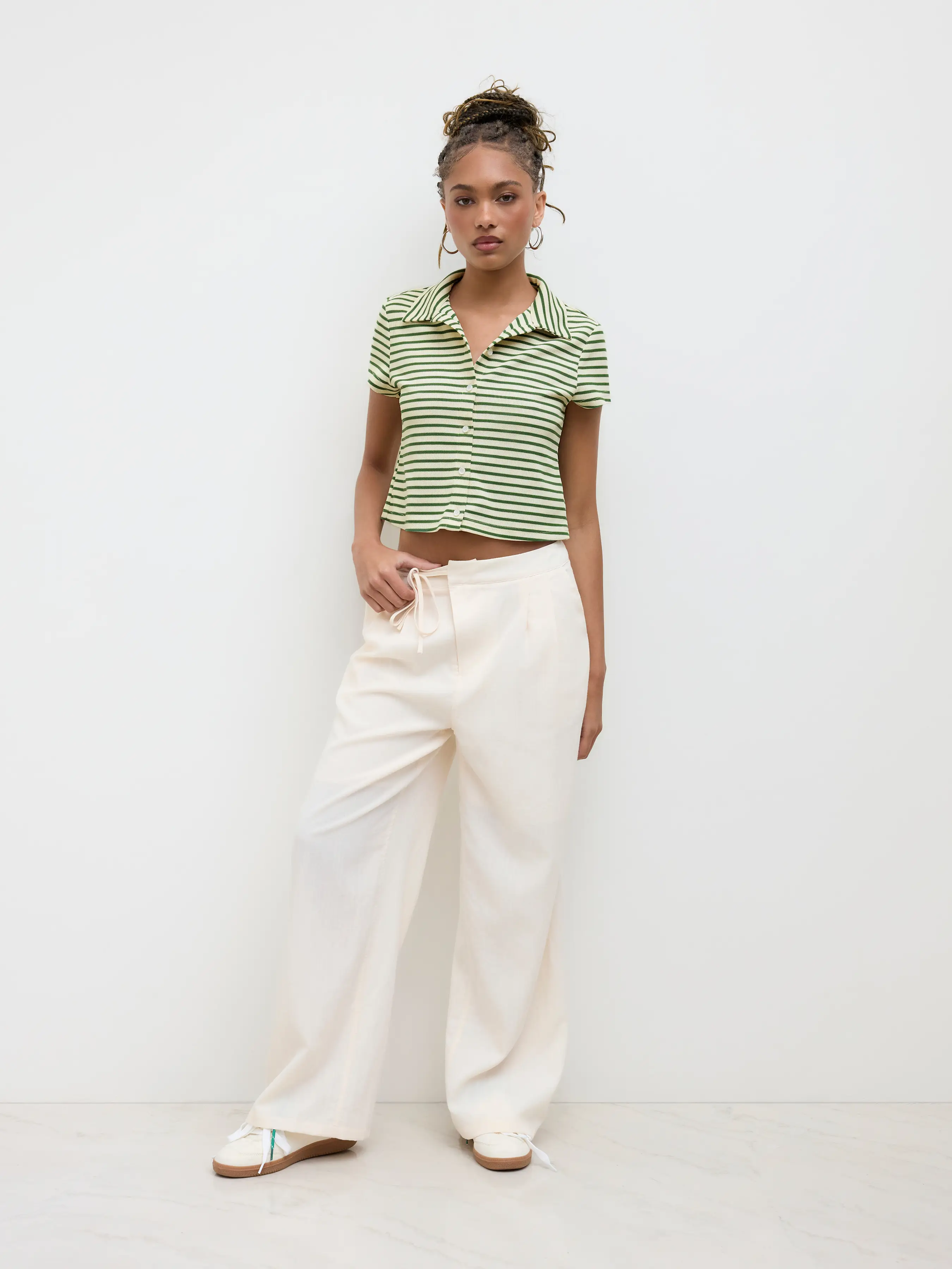 Polo Collar Stripe Button Through Tee