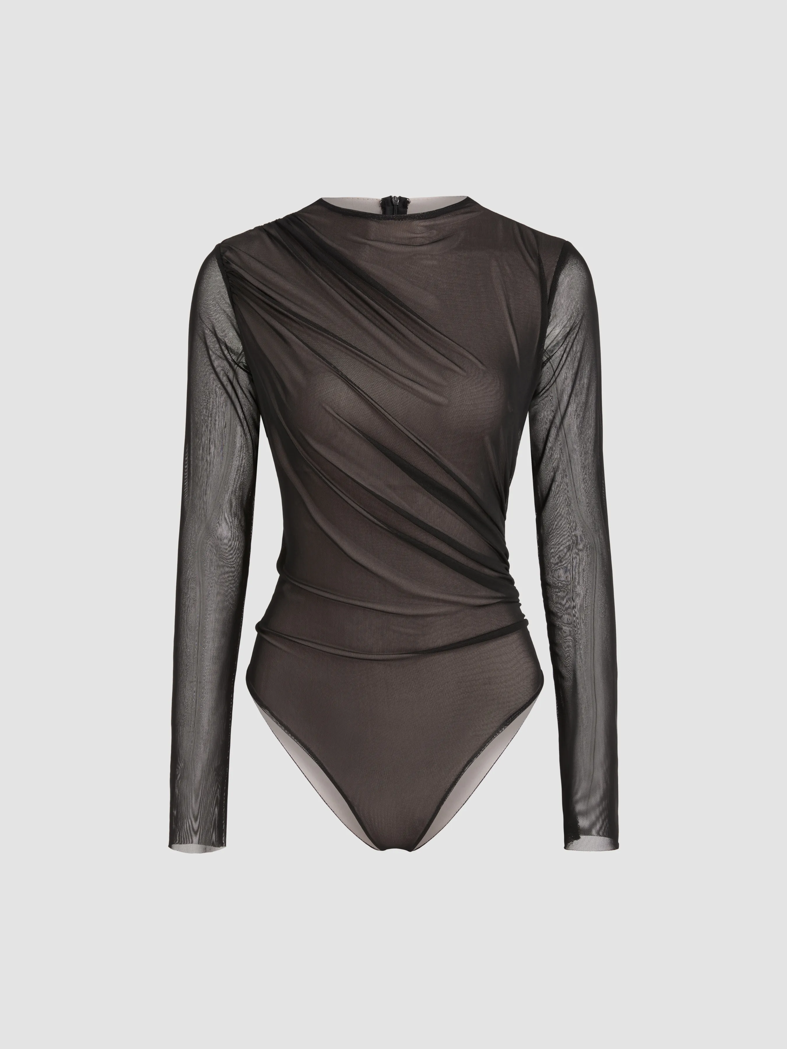 Mesh Round Neck Solid Ruched Bodysuit