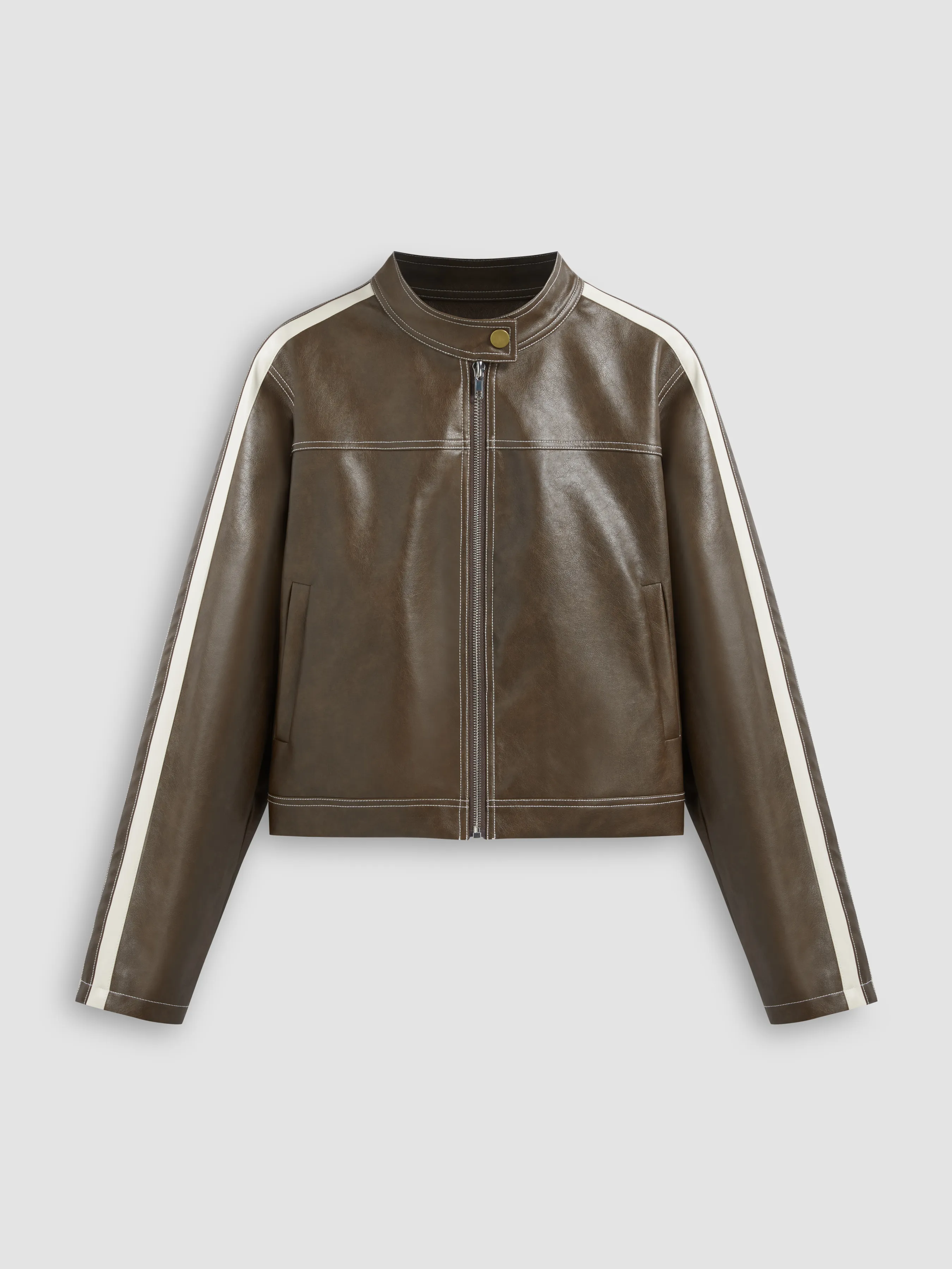 Faux Leather Stand Collar Side Stripe Pocket Zipper Jacket