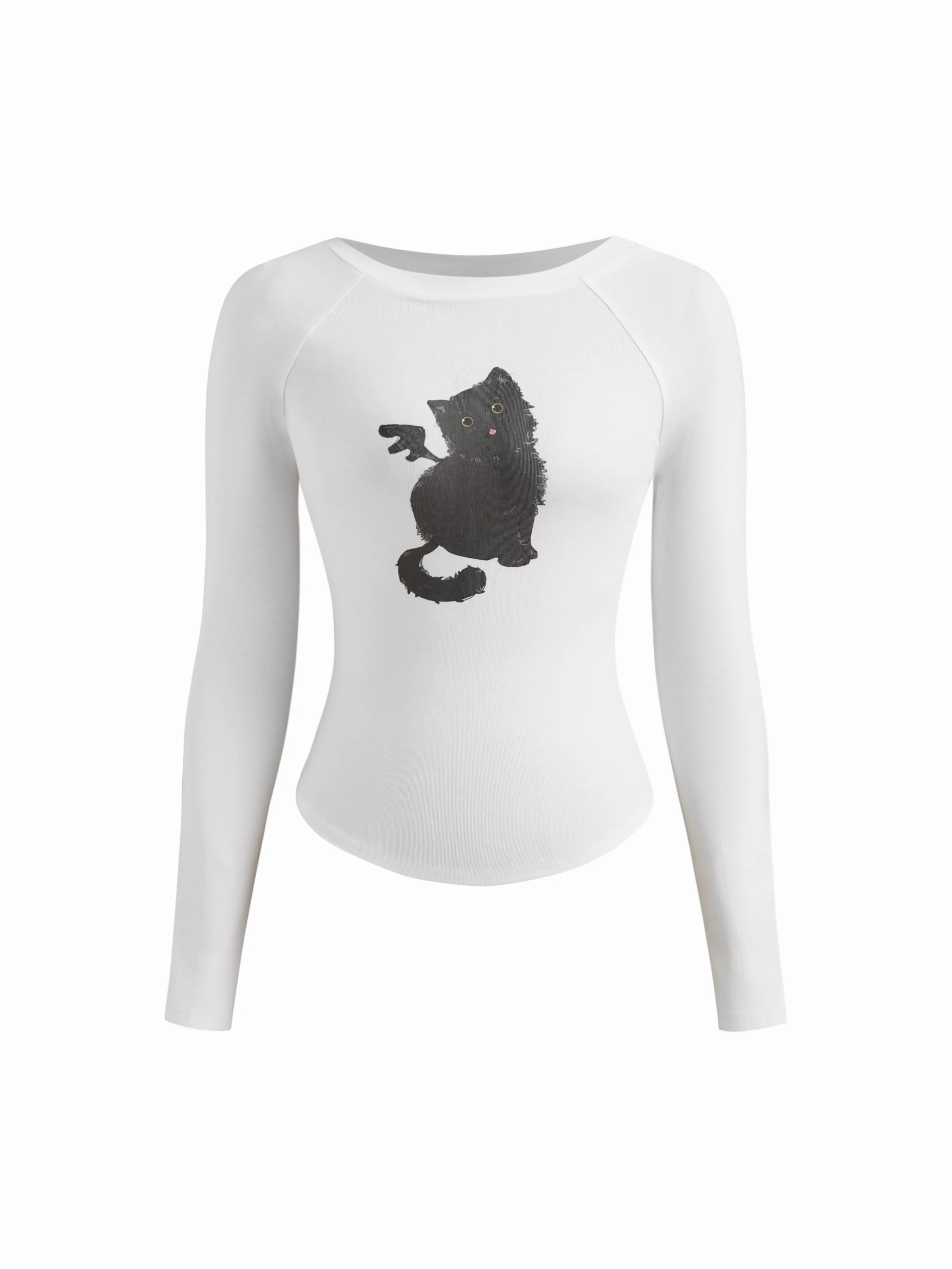 Cotton-blend Cat Graphic Boat Neck Long Sleeve Curved Hem Tee