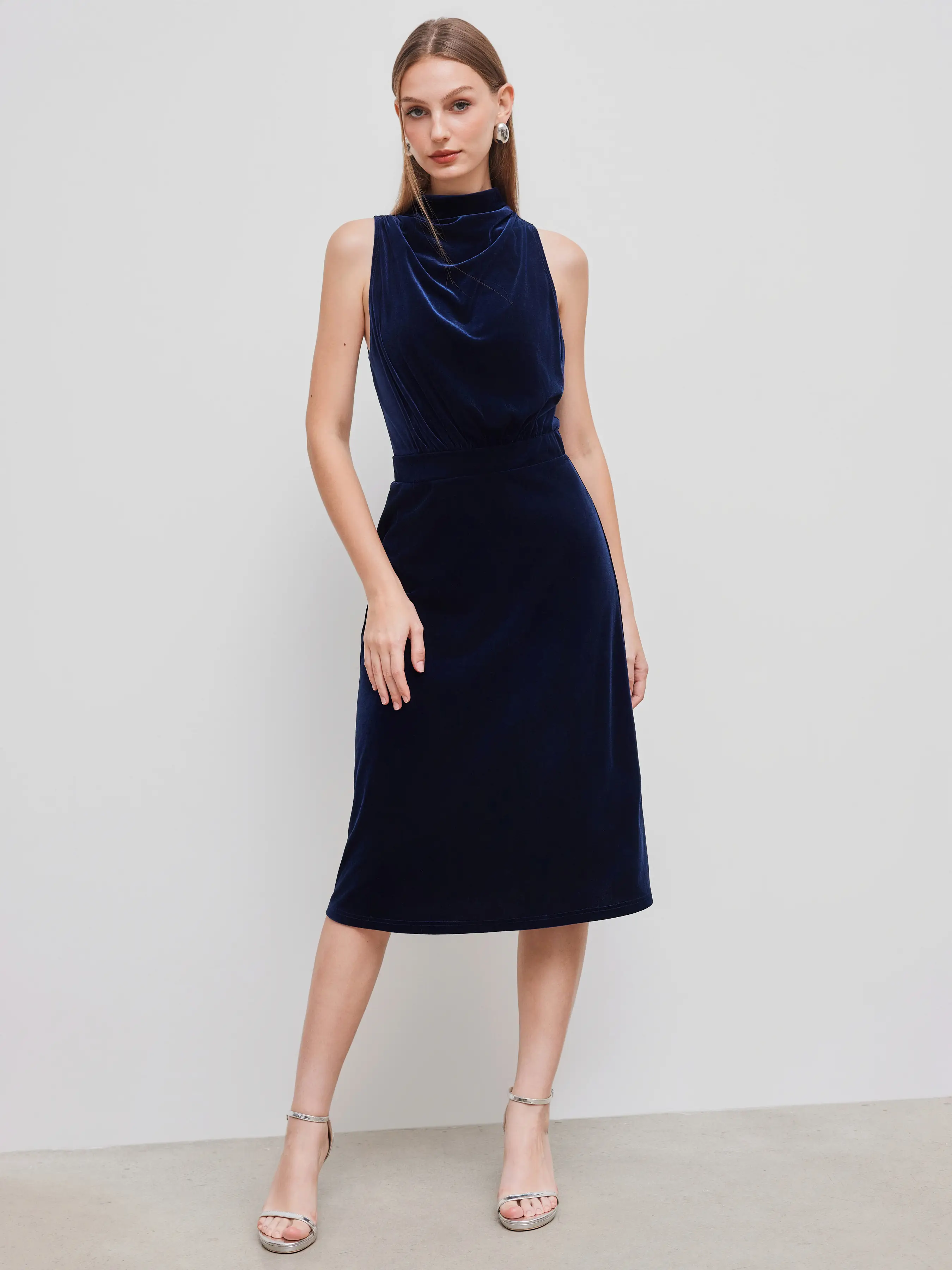 Velvet High Neck Solid Ruched Midi Dress