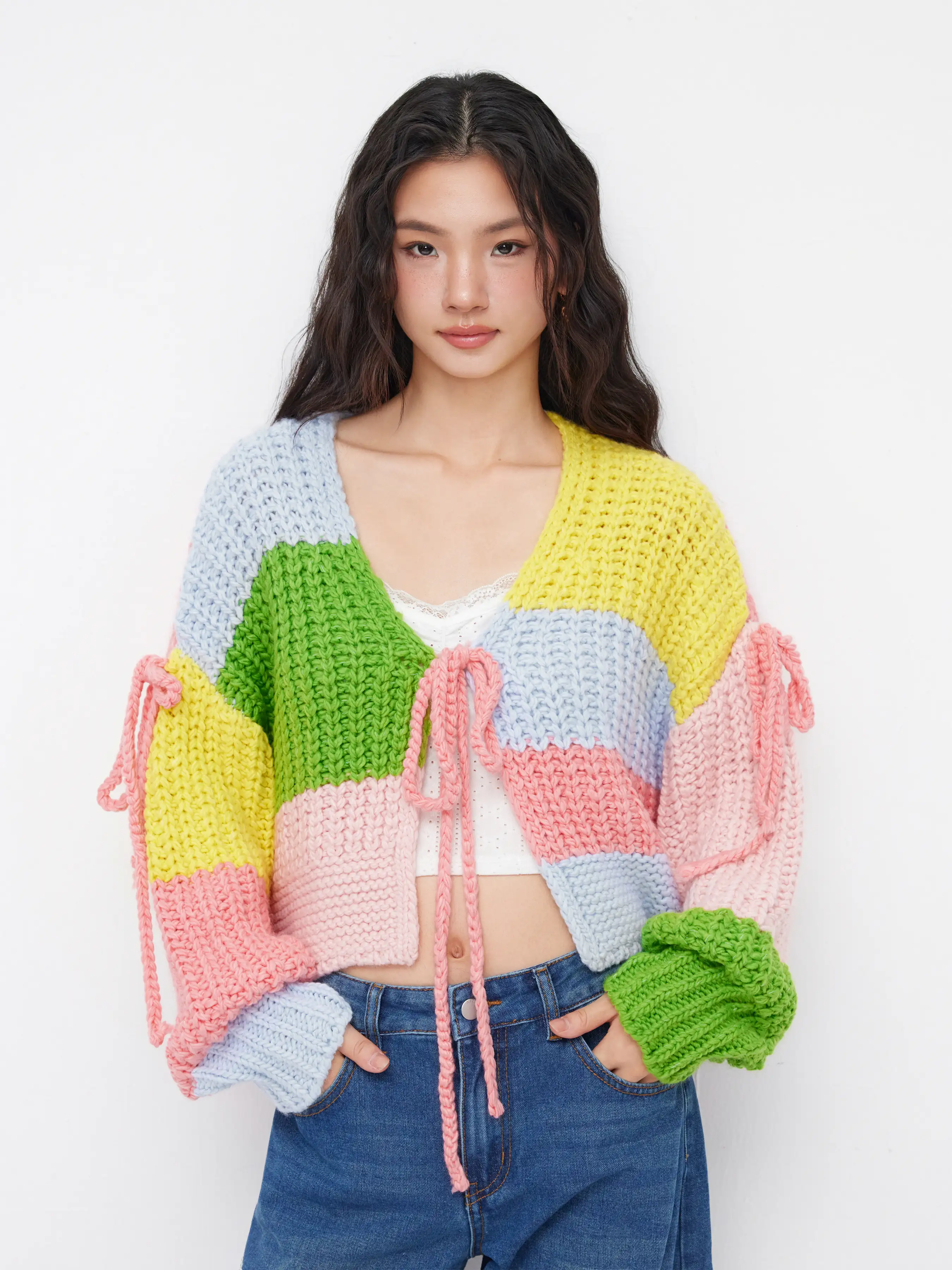 Knit V-neck Colorblock Patched Knotted Oversized Cardigan