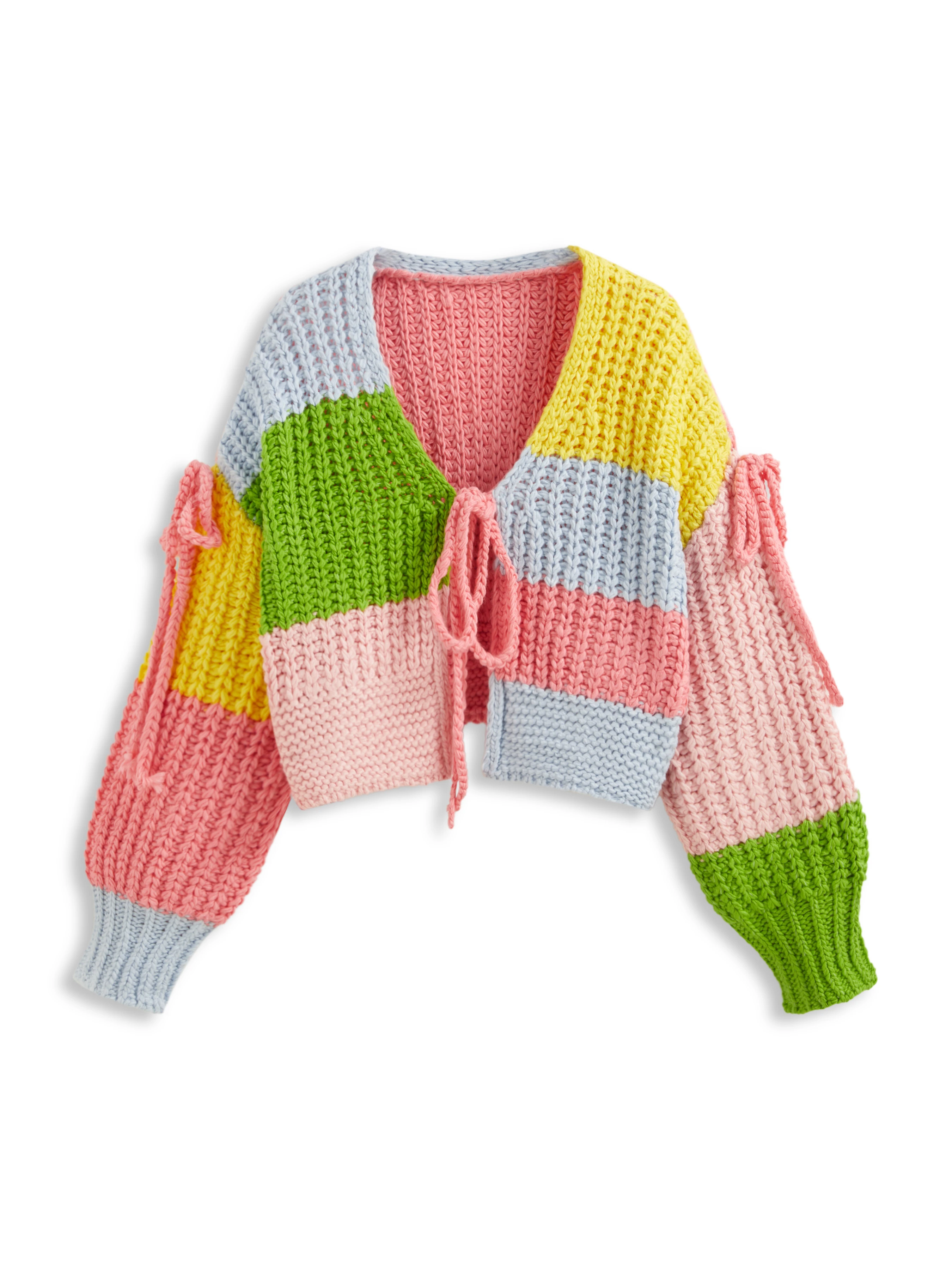 Knit V-neck Colorblock Patched Knotted Oversized Cardigan
