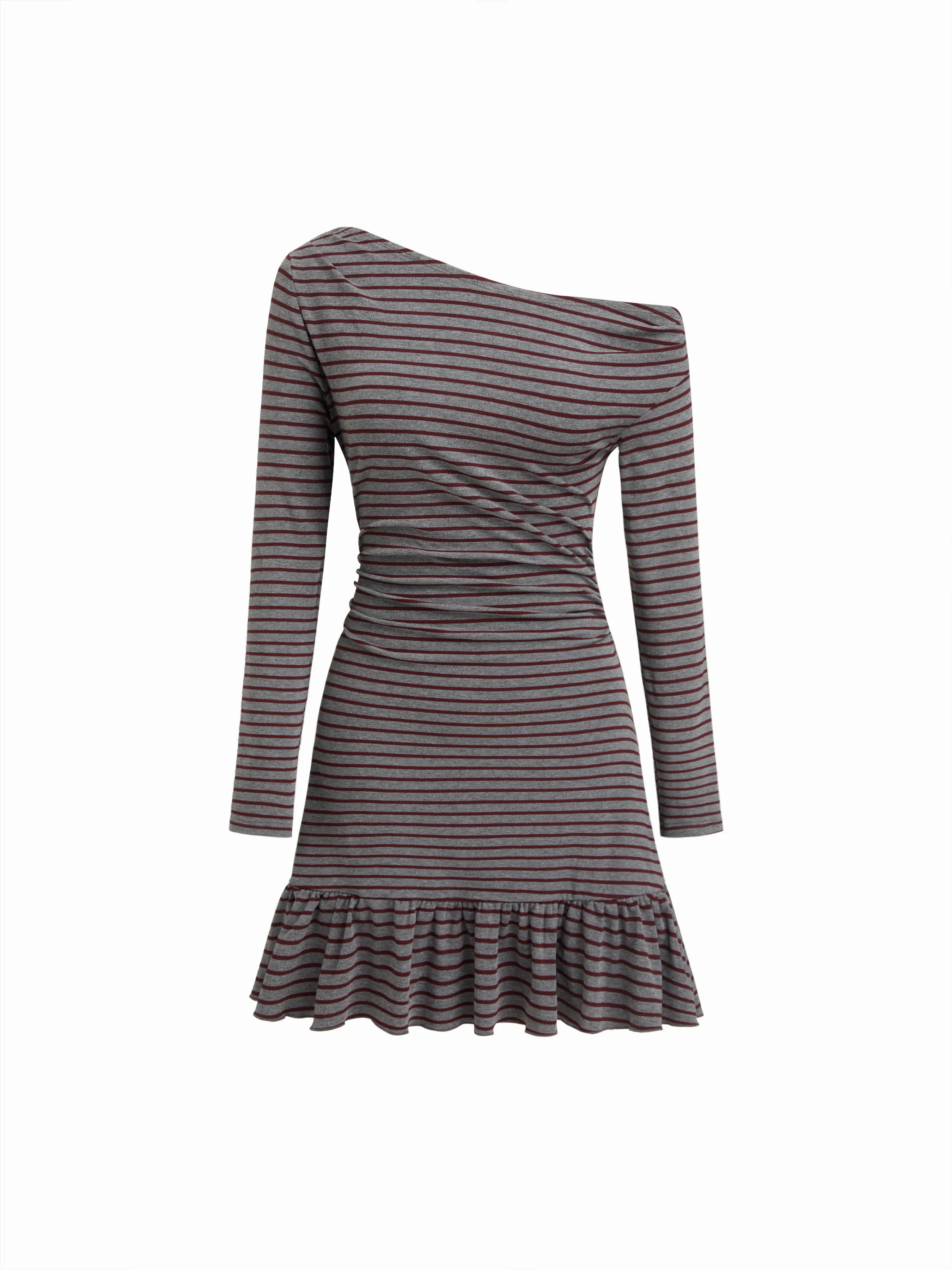 Asymmetrical Neck Striped Ruched Peplum Hem Mini Dress