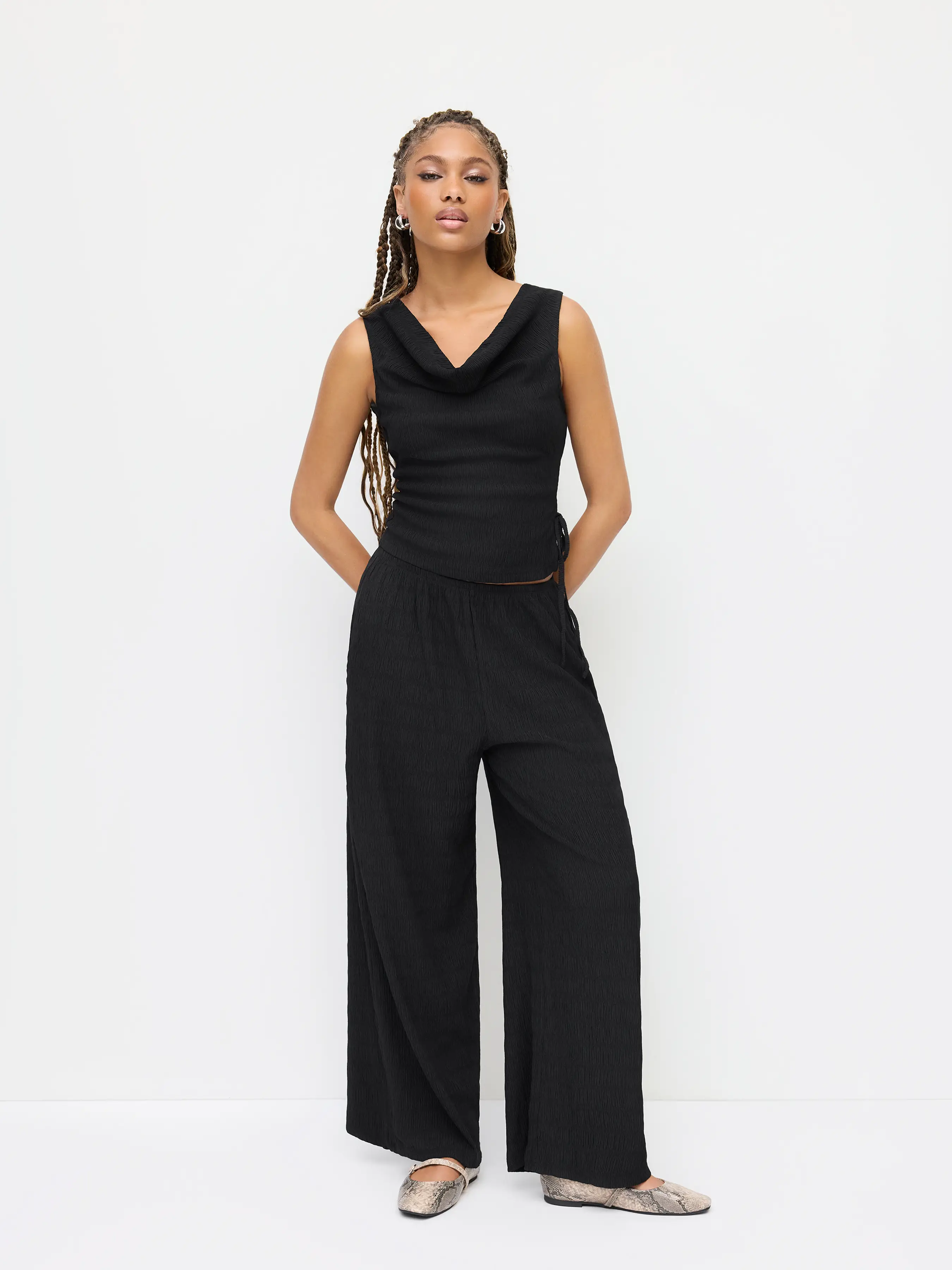 Texture Cowl Neck Ruched Knotted Top & Mid Rise Wide Leg Trousers Set