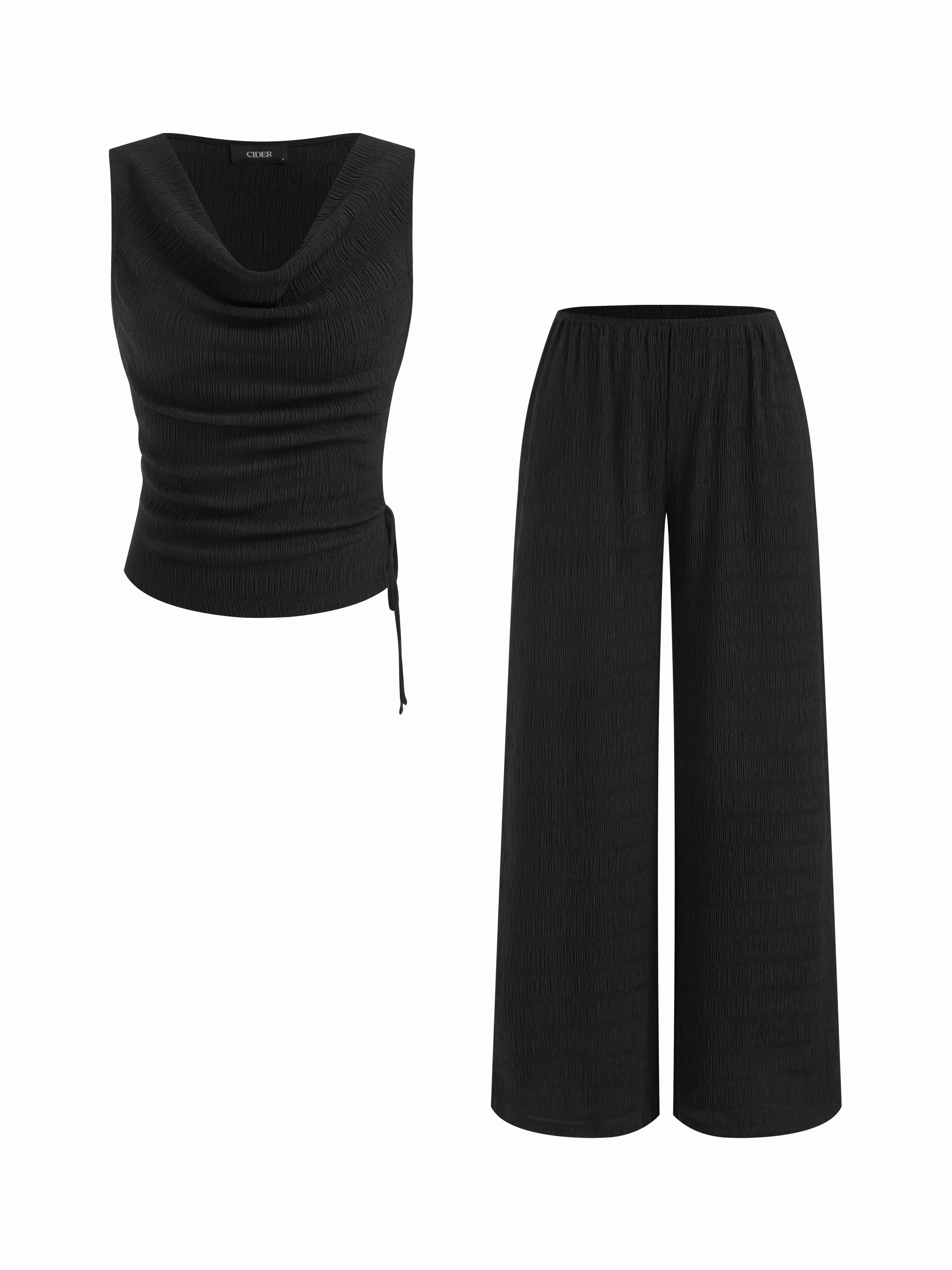 Texture Cowl Neck Ruched Knotted Top & Mid Rise Wide Leg Trousers Set