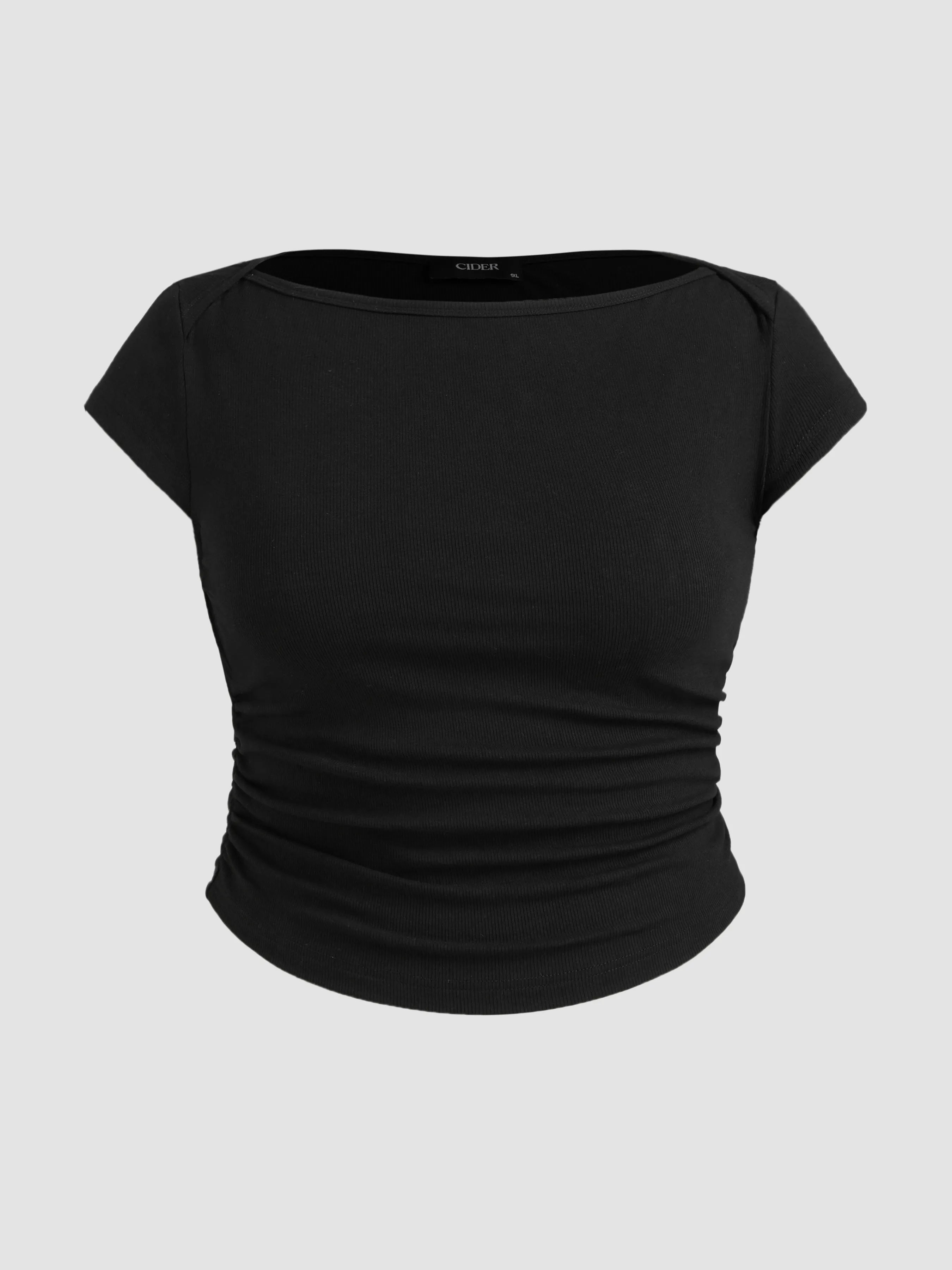 Cotton-blend Boat Neck Solid Ruched Short Sleeve Tee Curve & Plus