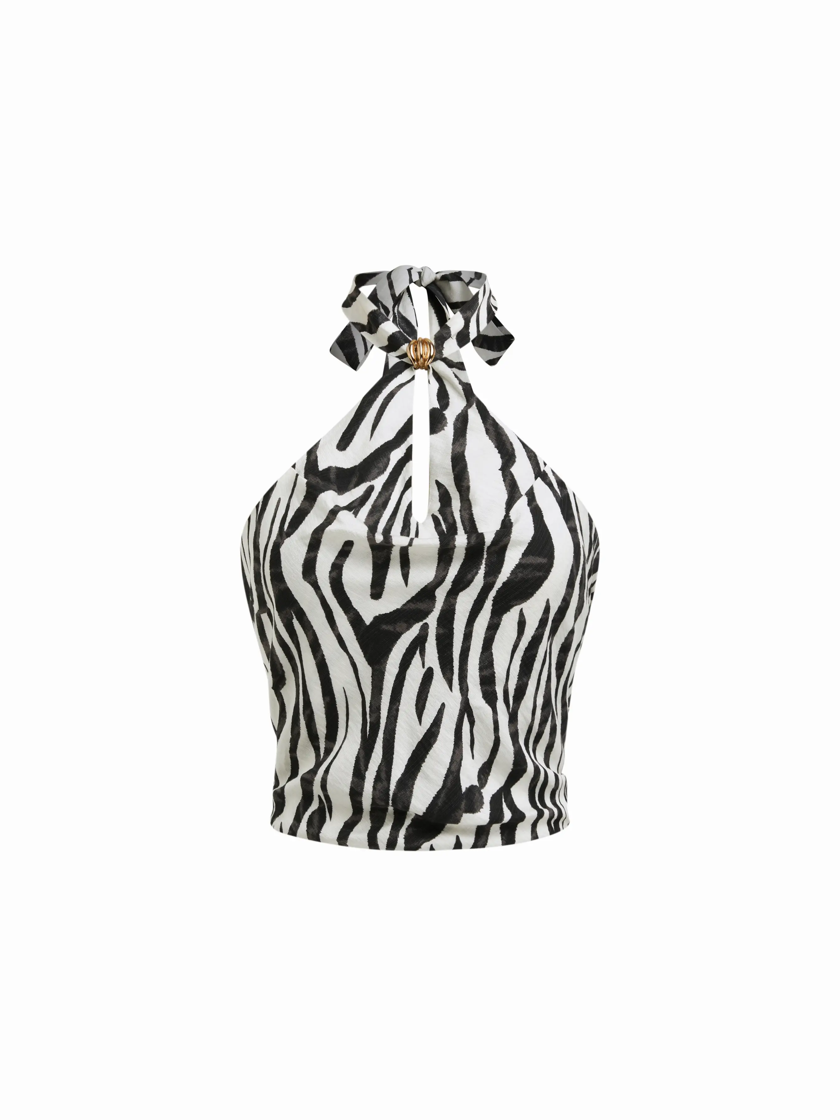 Halter Neckline Zebra Striped Backless Metal Detail Cut Out Blouse