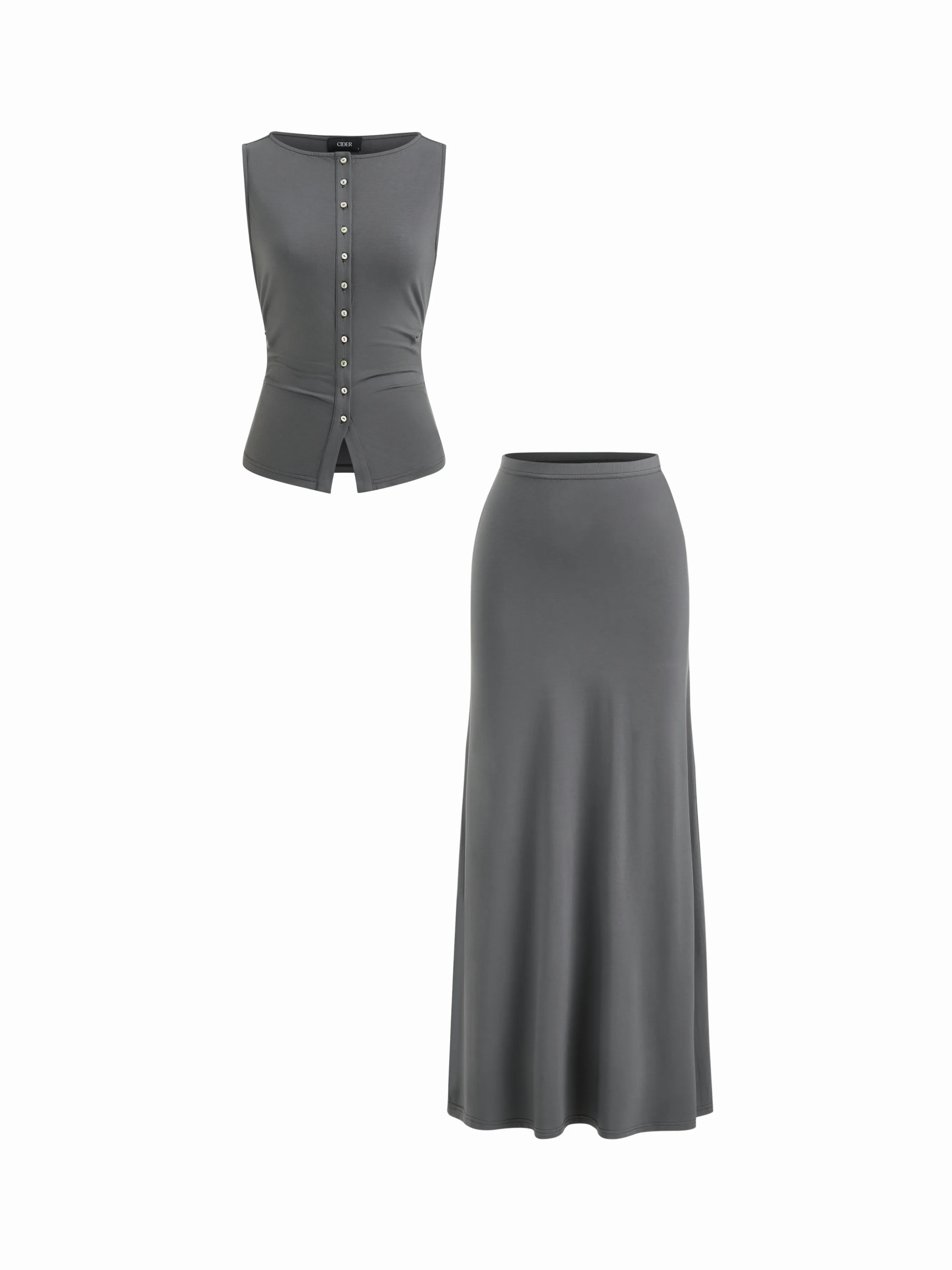 Boat Neck Ruched Tank Top & Ruffle Maxi Skirt Set