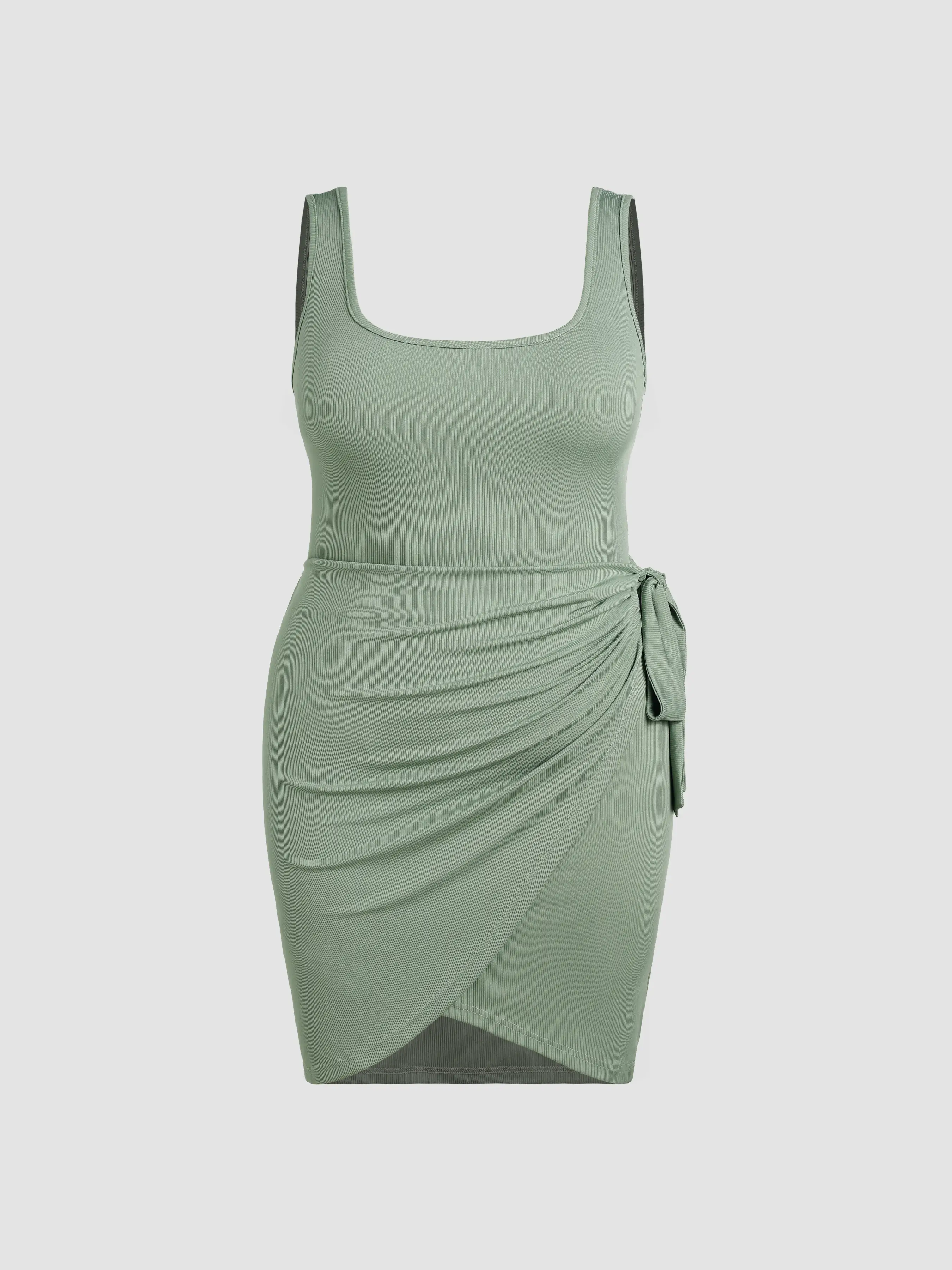 U-neckline Knotted Ruched Sleeveless Mini Dress Curve & Plus