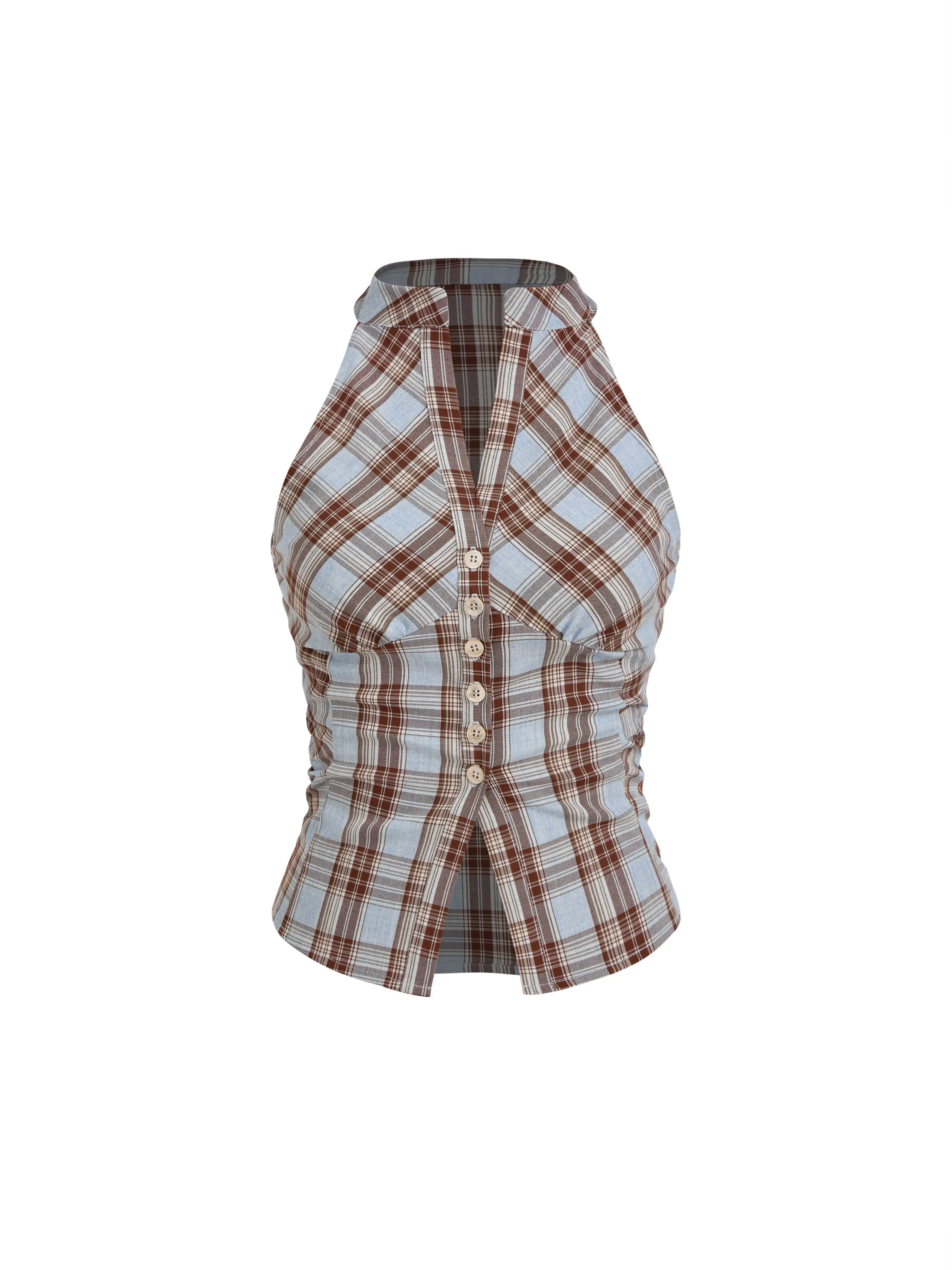 Stand Collar Plaid Ruched Split Top