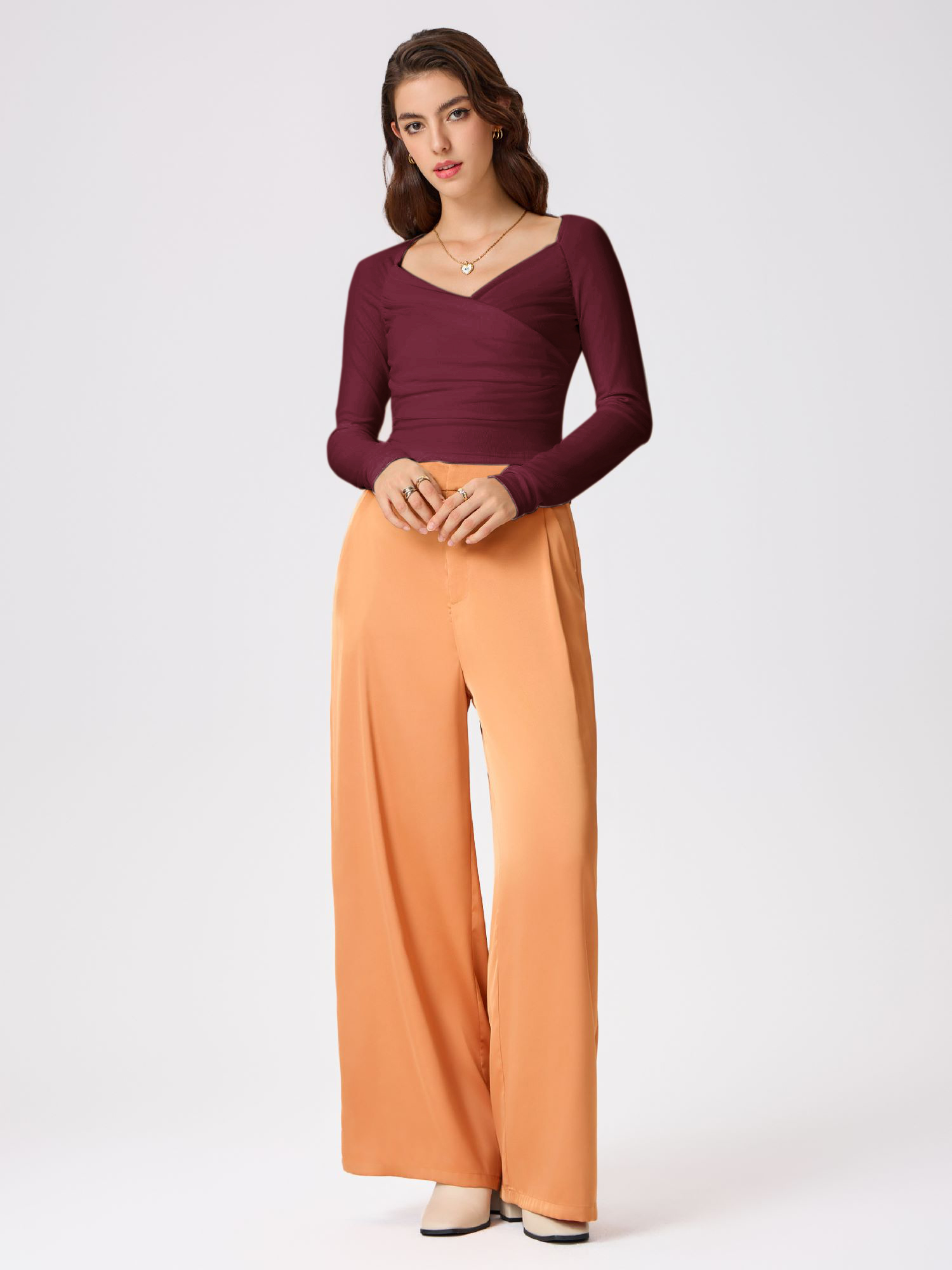 V-neck Solid Long Sleeve Top