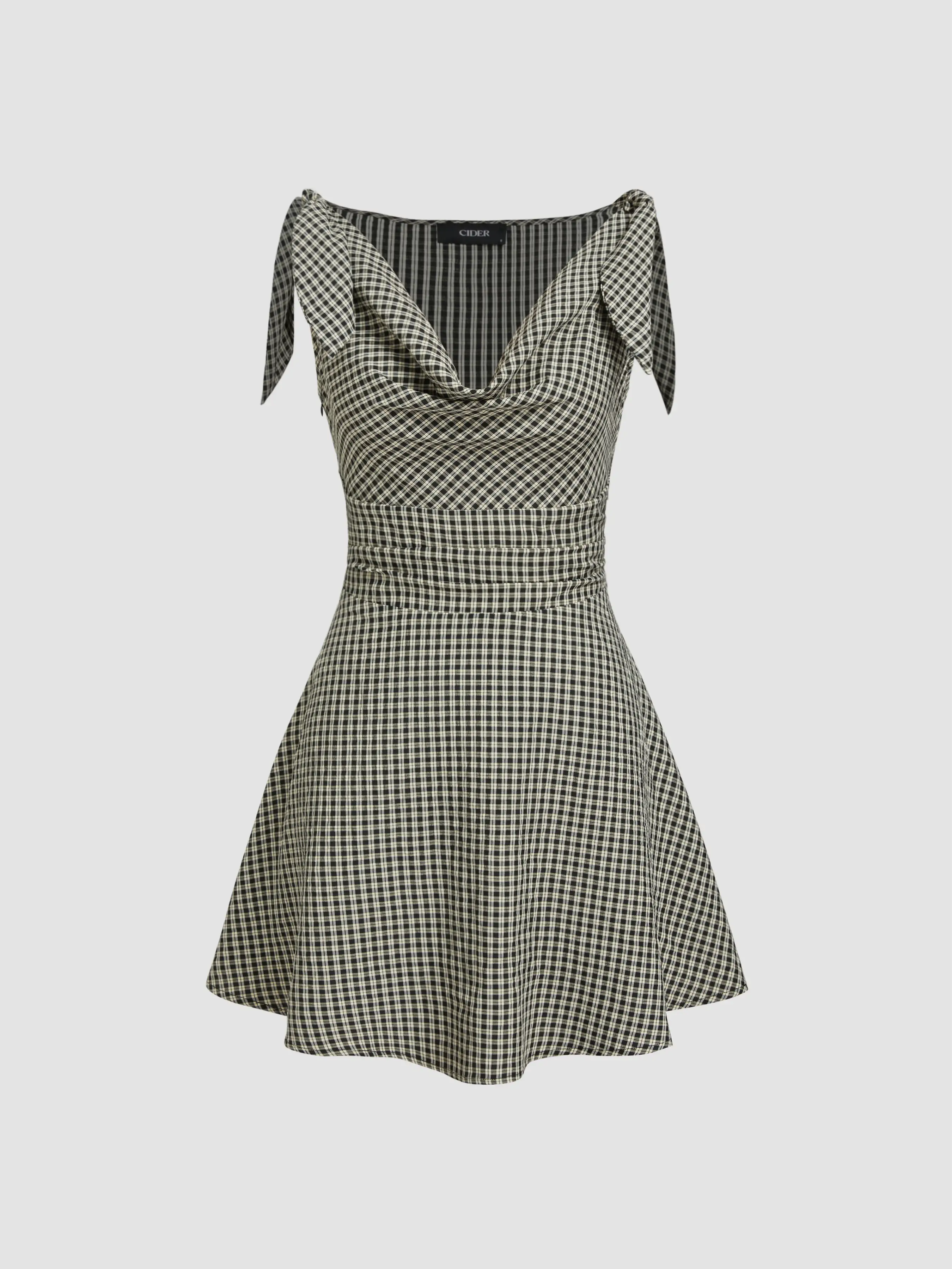 Cotton-blend Cowl Neck Check Bowknot Mini Dress