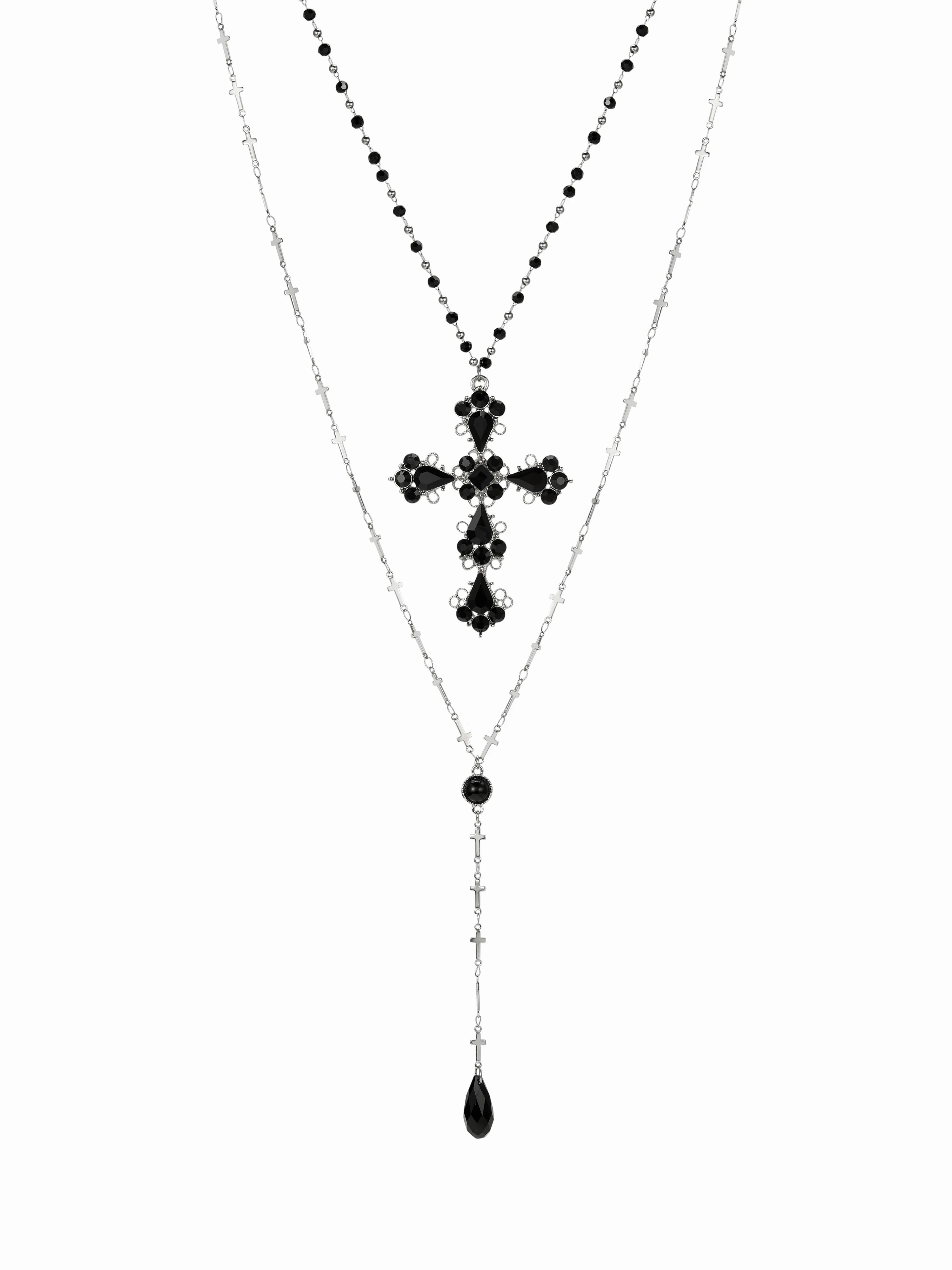Y-SHAPED RHINESTONE CROSS LAYERED NECKLACE
