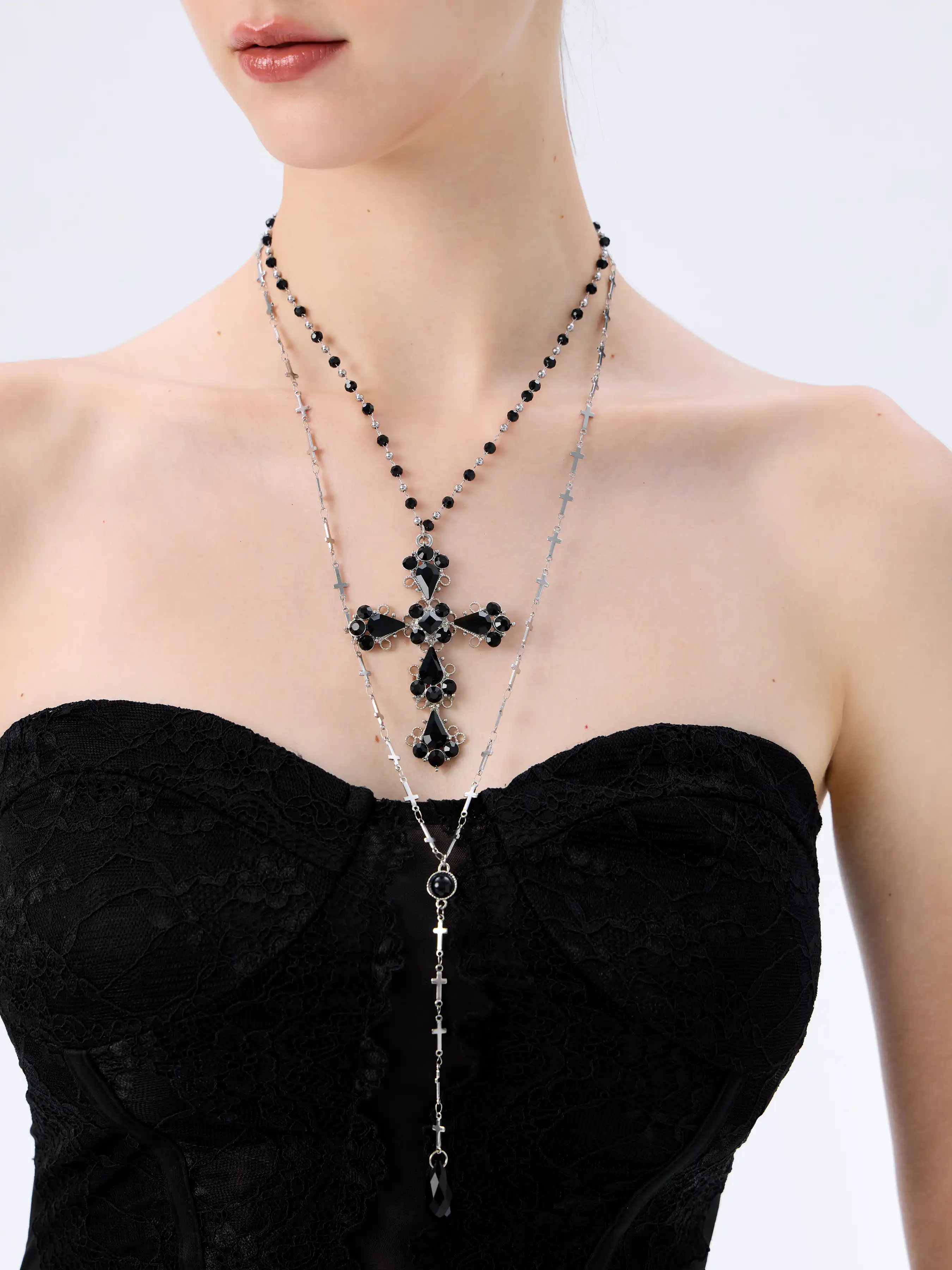 Y-SHAPED RHINESTONE CROSS LAYERED NECKLACE