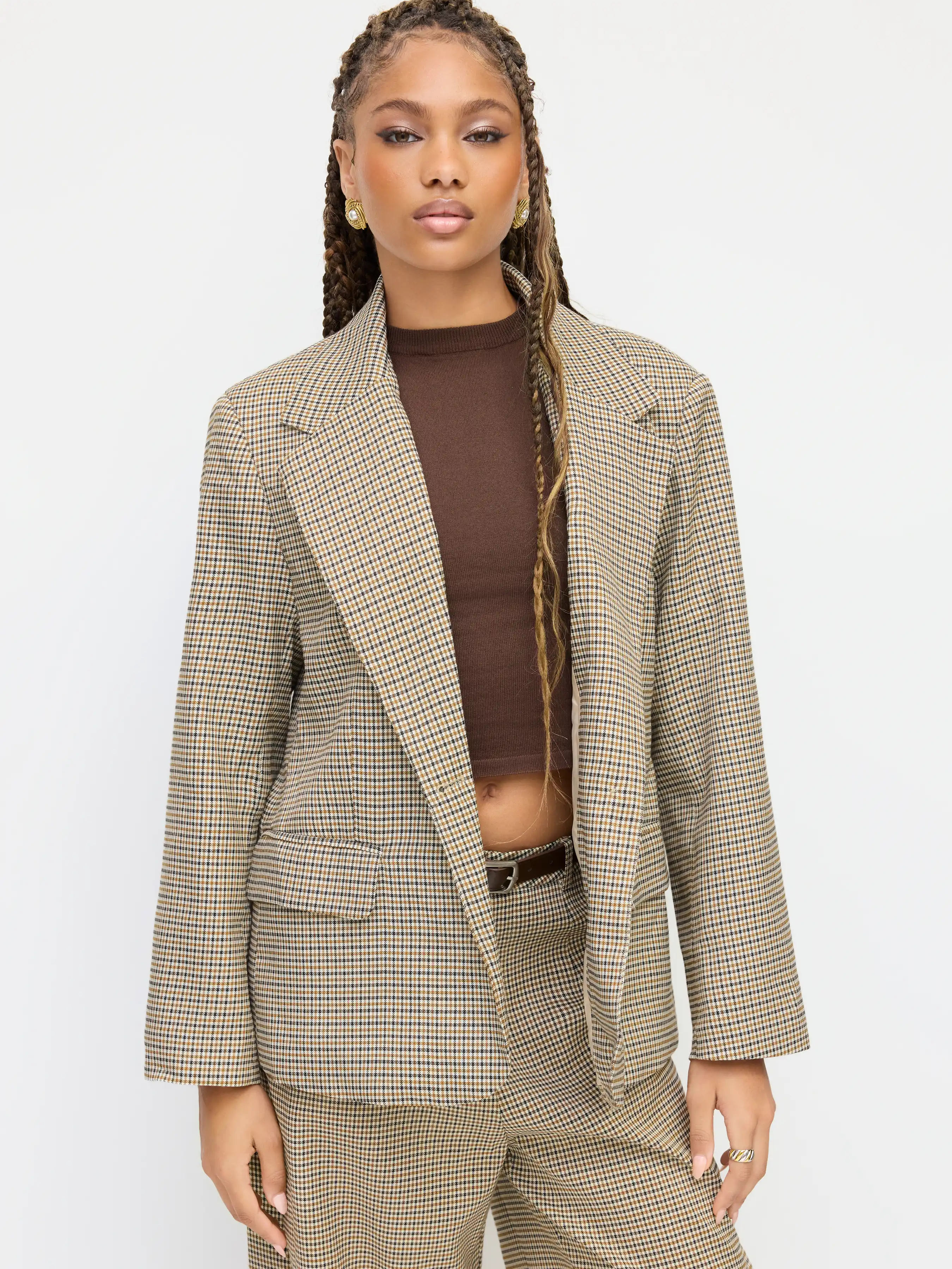 Houndstooth Notched Collar Oversized Blazer