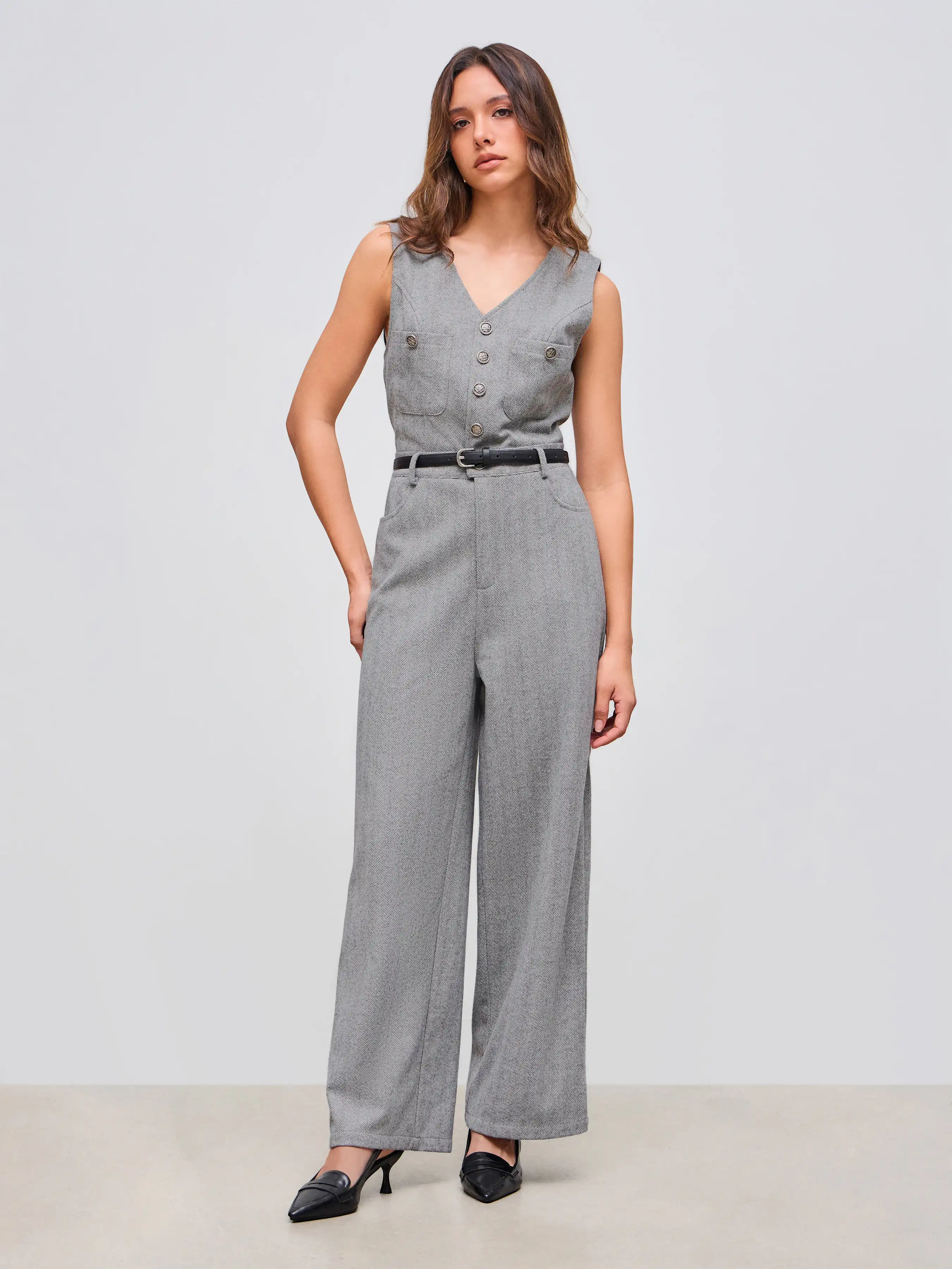 Wool-like V-neck Solid Pocket Button Wide Leg Jumpsuit