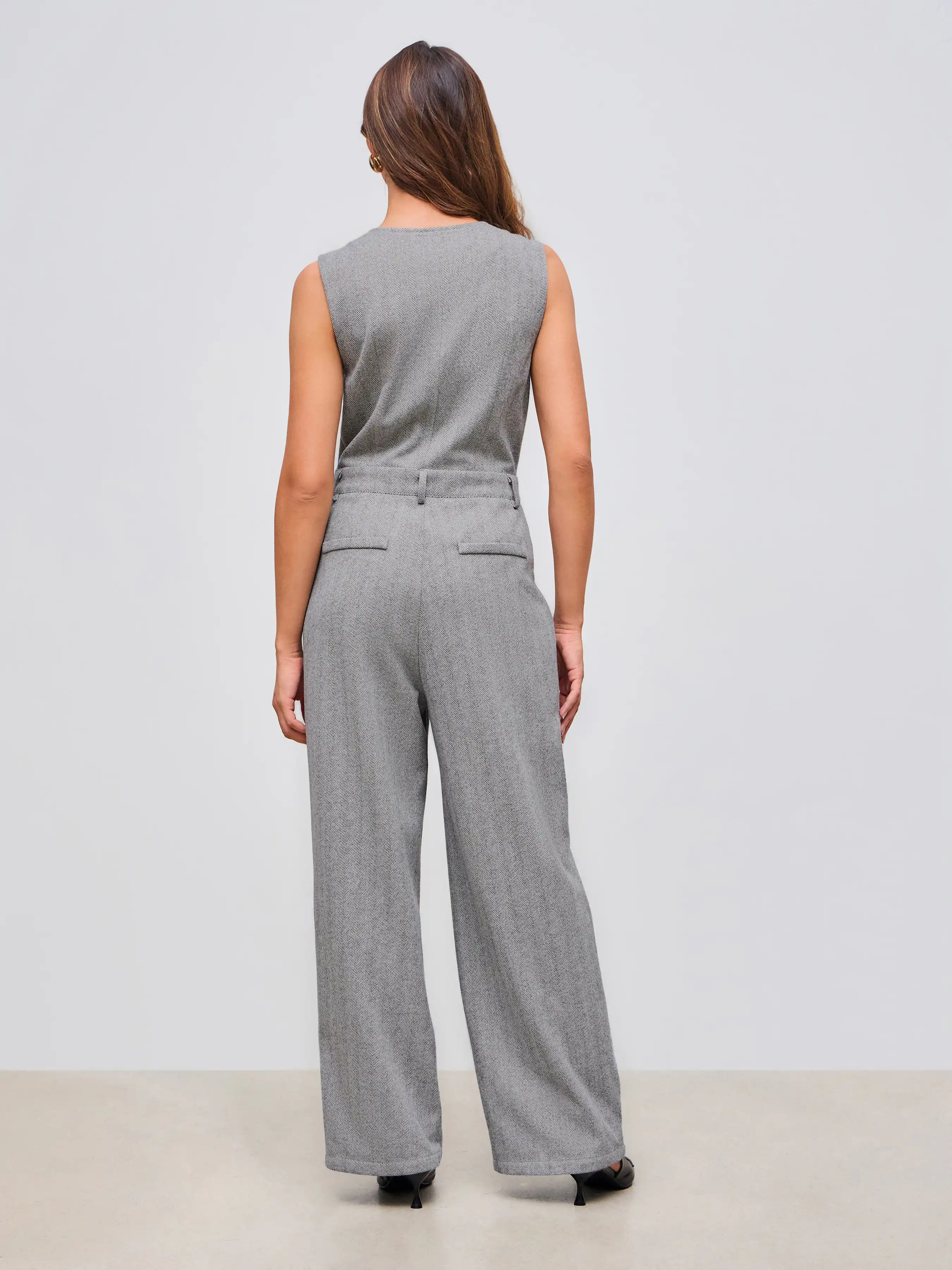 Wool-like V-neck Solid Pocket Button Wide Leg Jumpsuit