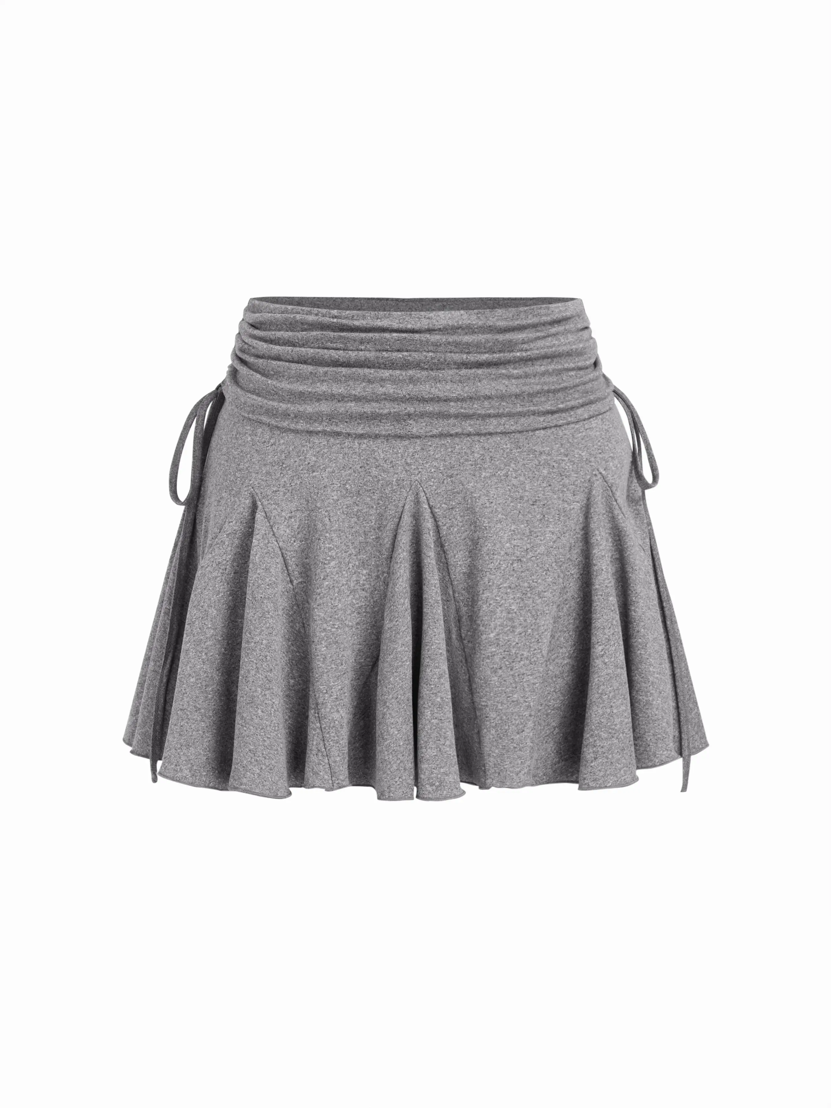 Mid Rise Ruched Drawstring Knotted Ruffle Mini Skort