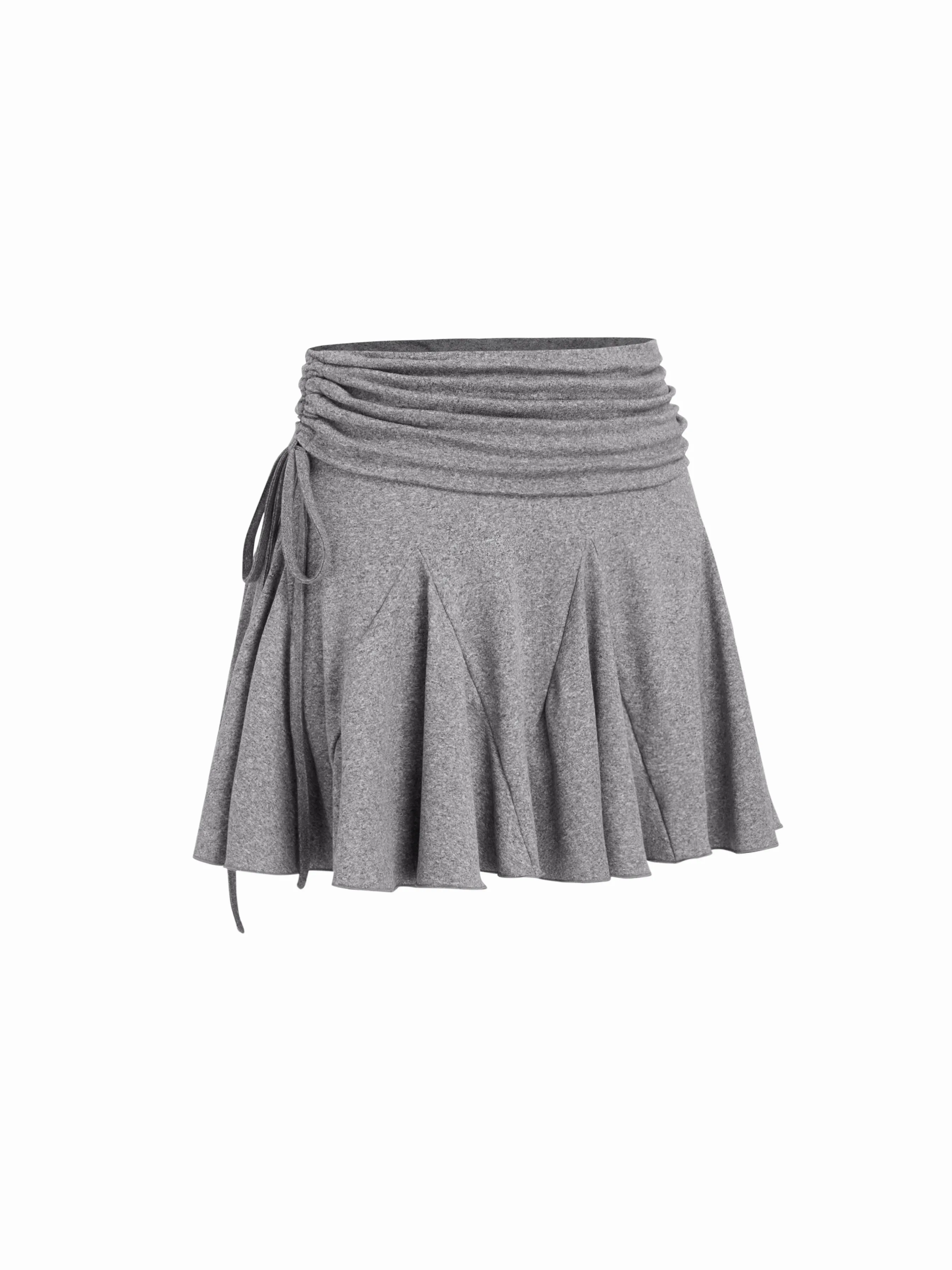 Mid Rise Ruched Drawstring Knotted Ruffle Mini Skort