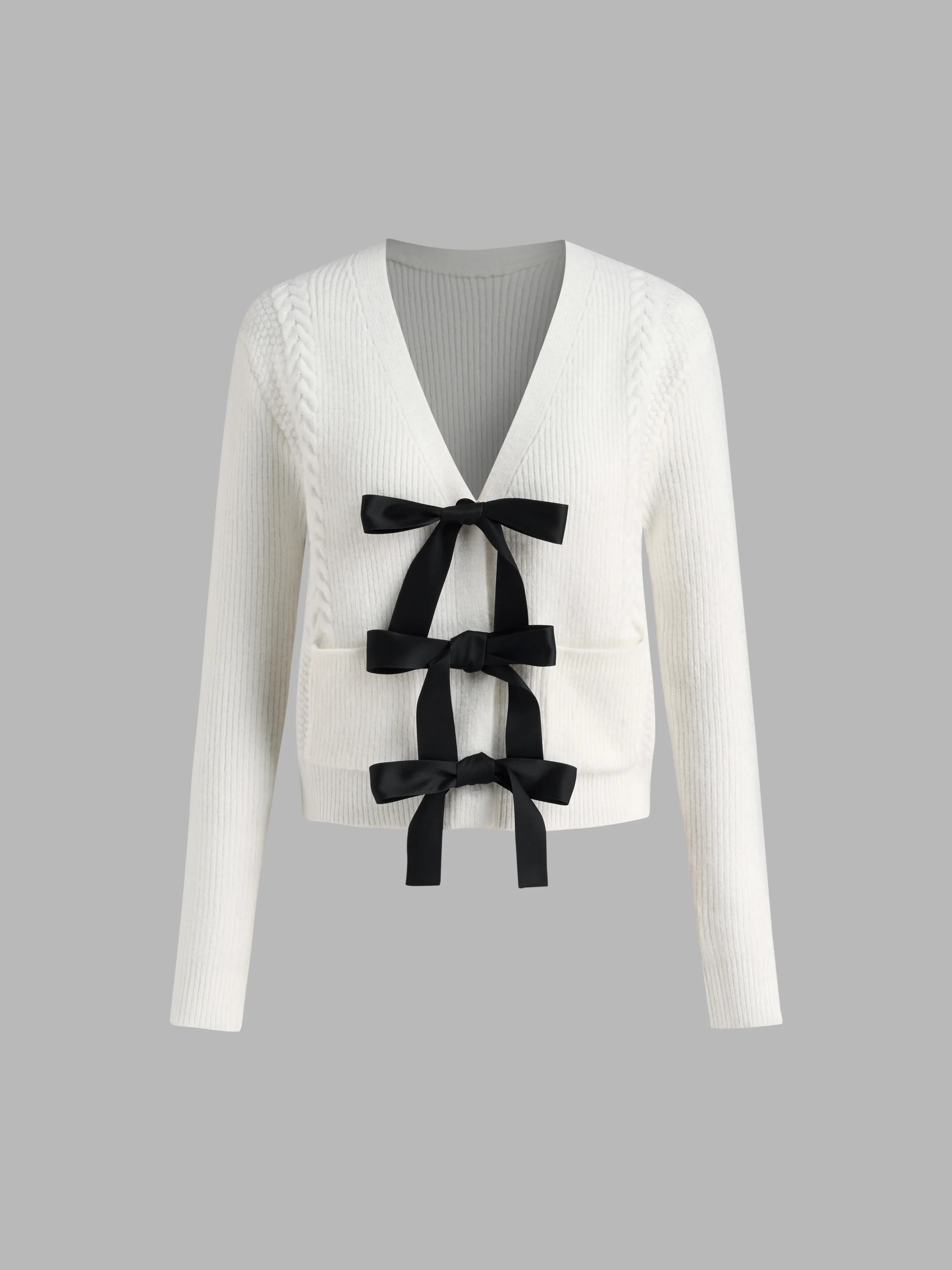 Knit V-neck Bowknot Pocket Long Sleeve Oversized Cardigan