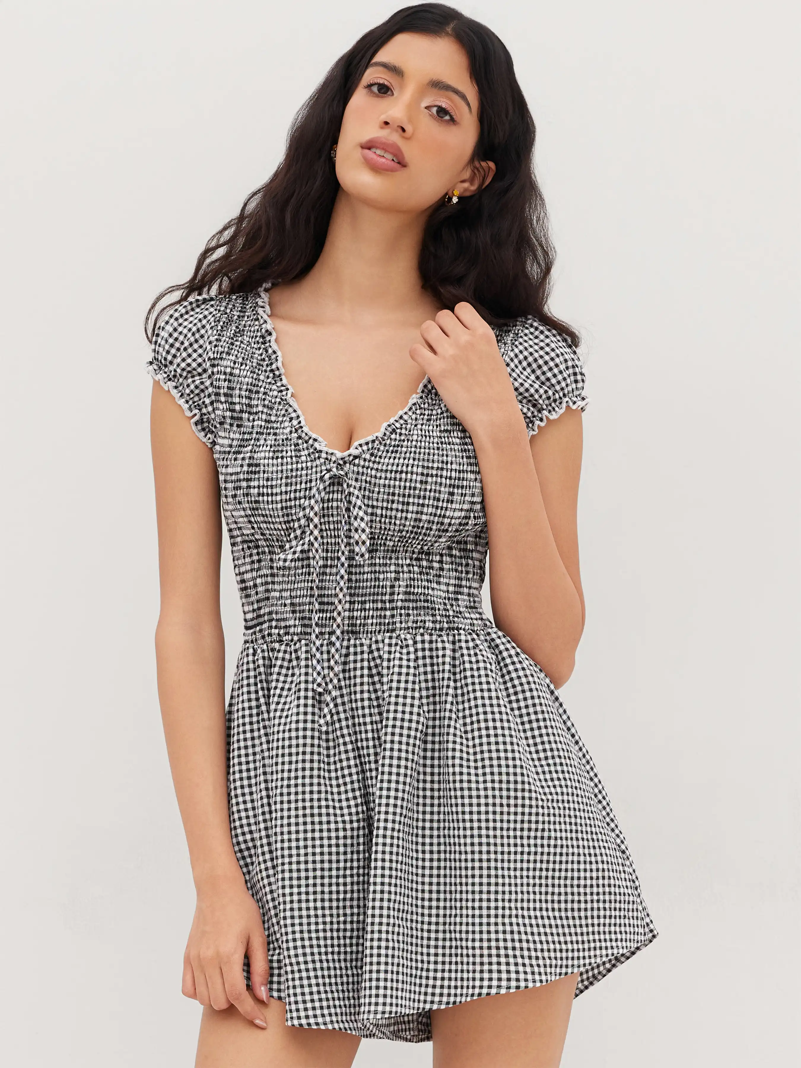 Cotton-blend V-neck Gingham Shirred Puff Sleeve Romper