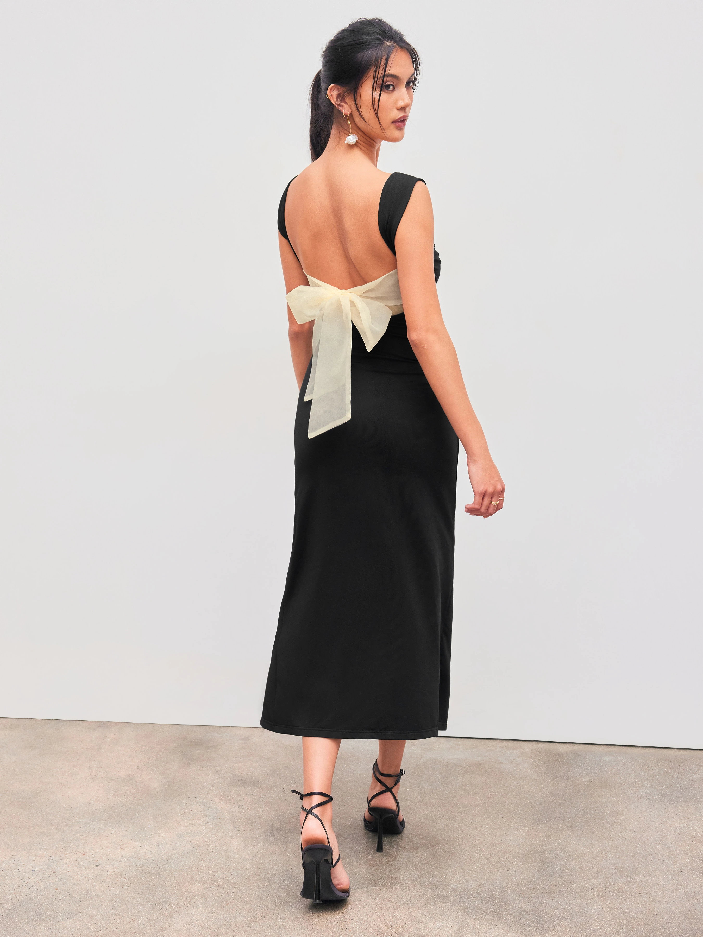 Square Neck Ruched Split Bowknot Maxi Dress