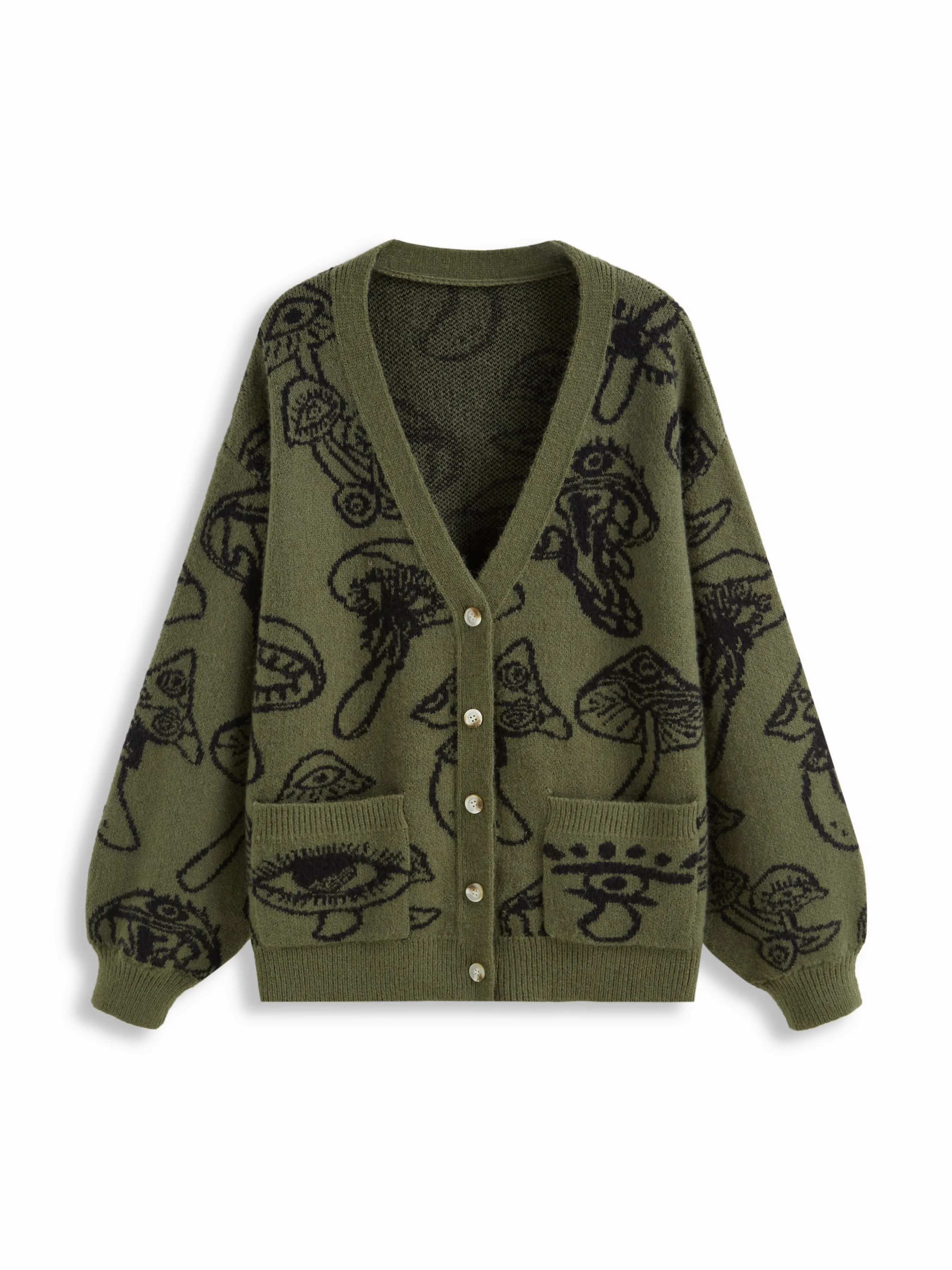 Knit V-neck Mushroom Graphic Cardigan