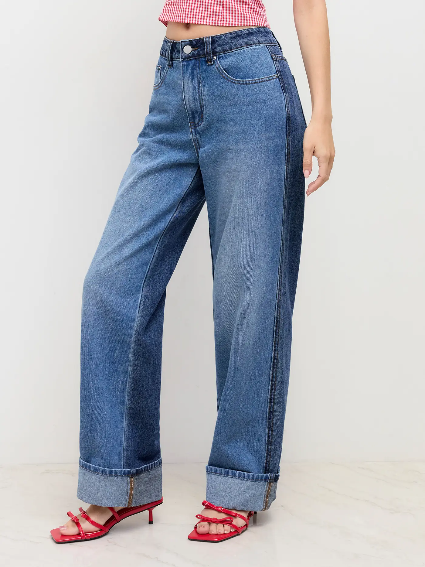 Cider Denim Mid Rise Roll Hem Straight Leg Jeans