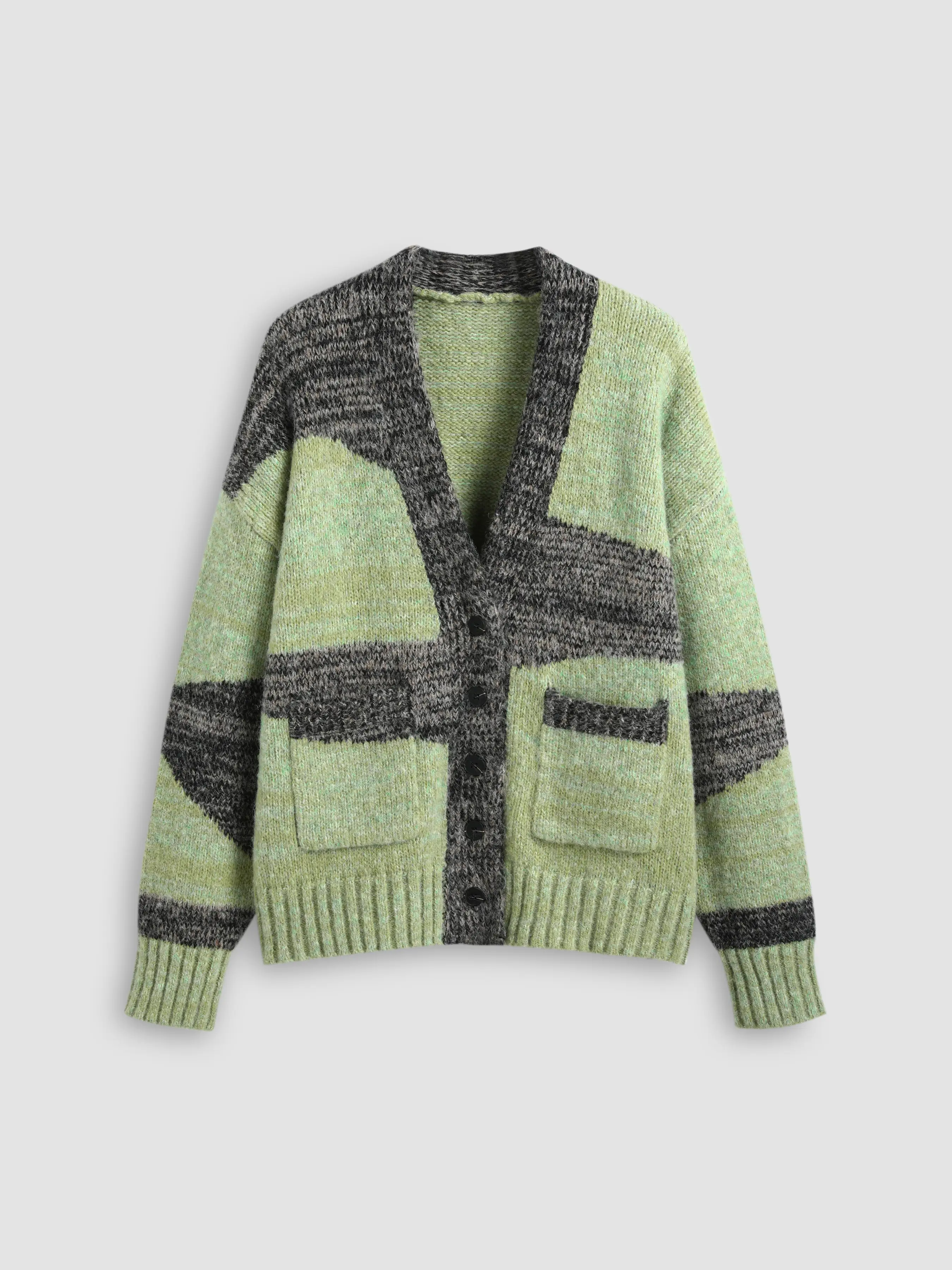 Wool-Blend Abstract Colorblock V-neck Cardigan