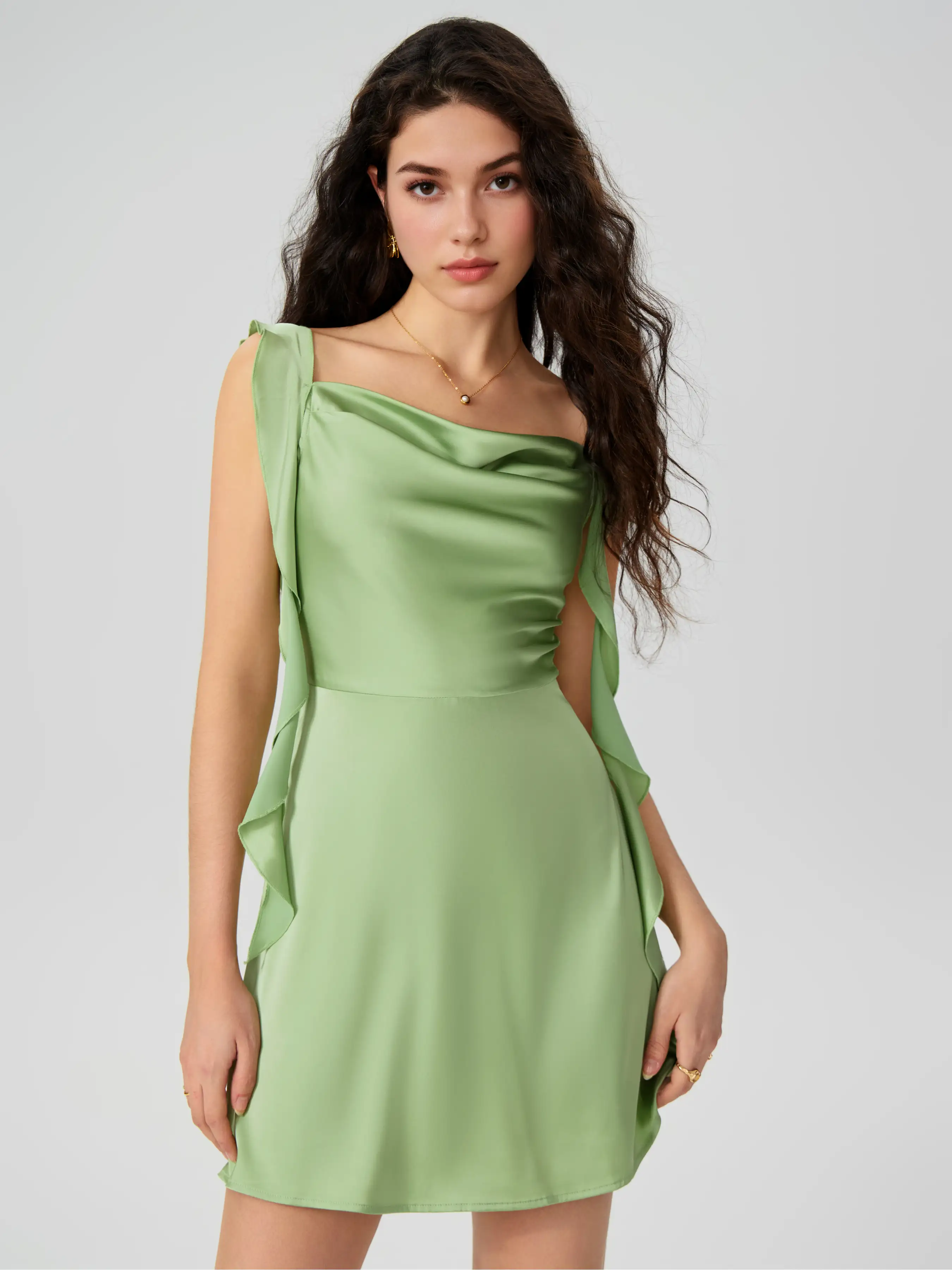 Satin Ruched Ruffle Hem Mini Dress