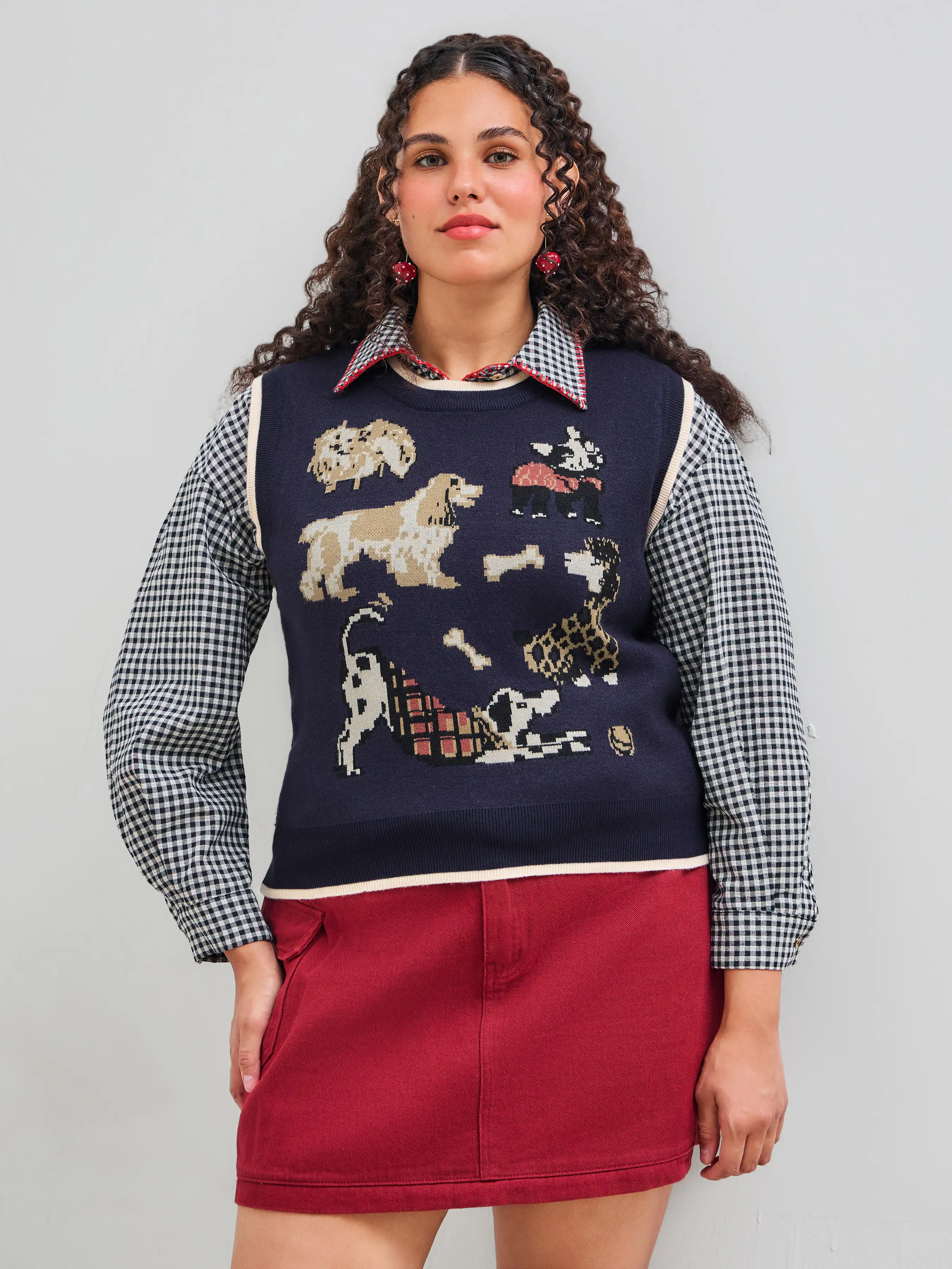 Knit Round Neckline Dog Contrasting Binding Vest Curve & Plus