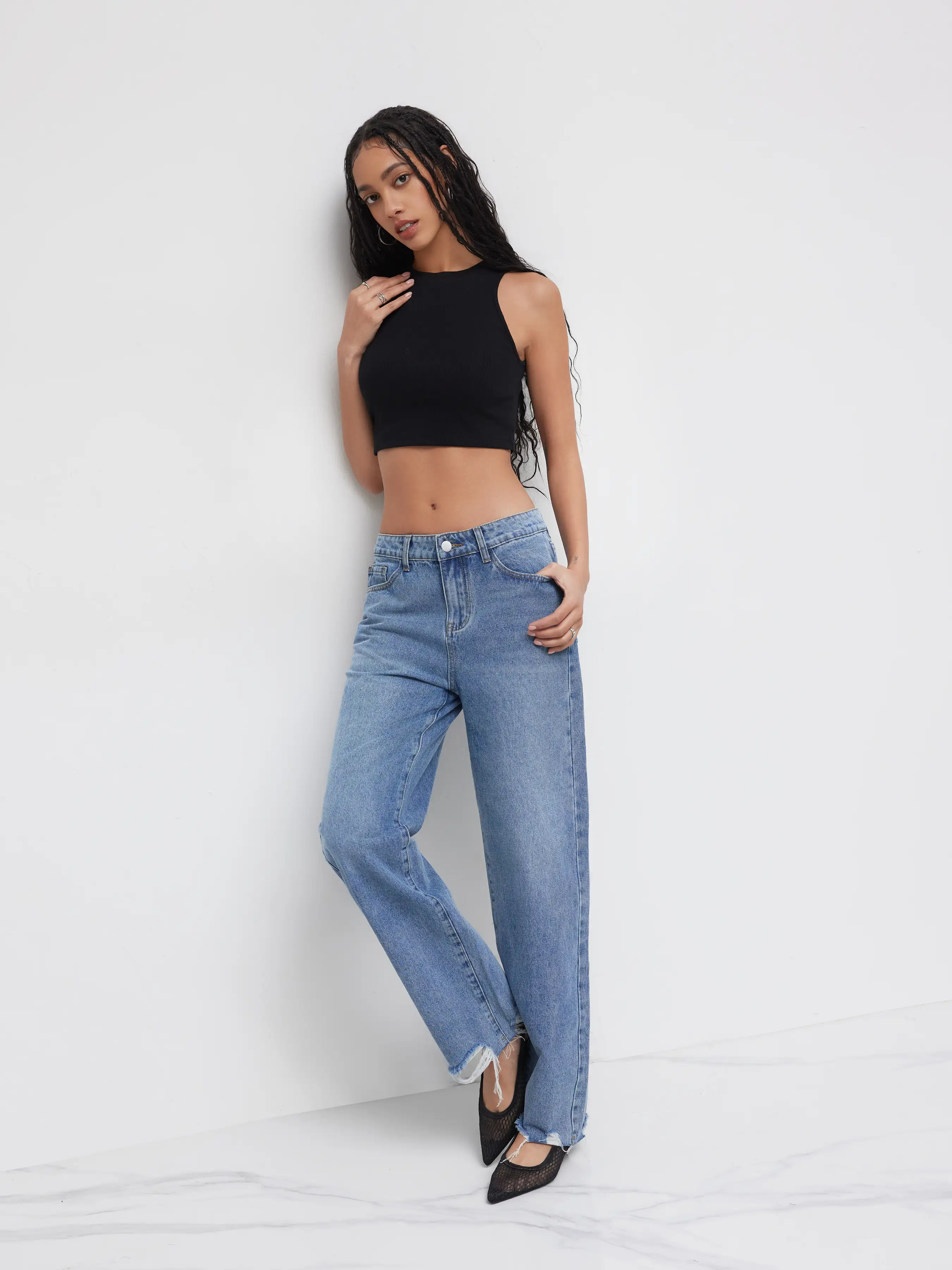 Cider Denim Low Rise Ripped Straight Leg Jeans