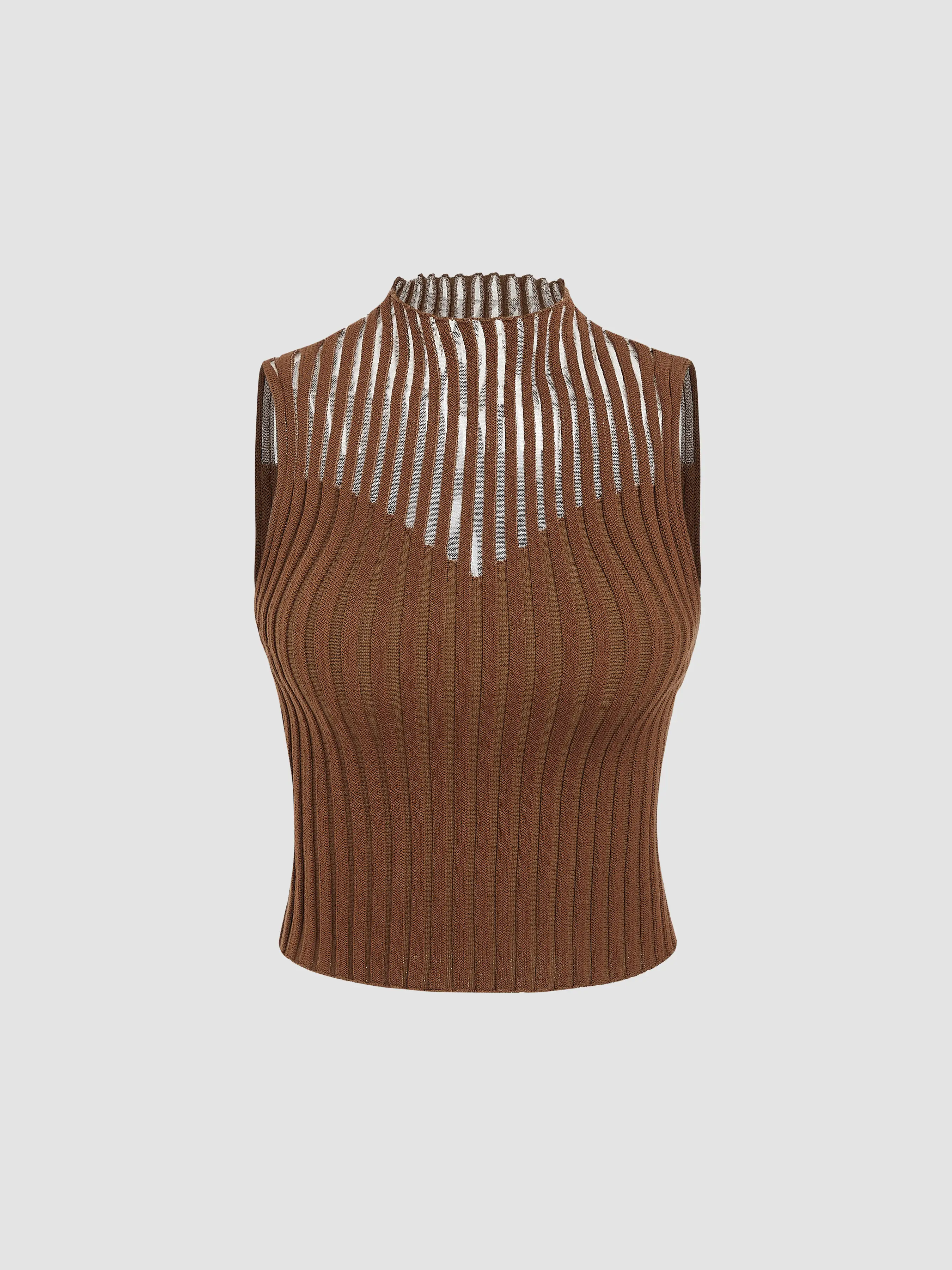 Solid Knit Stand Collar Ruffle Trim Tank Top