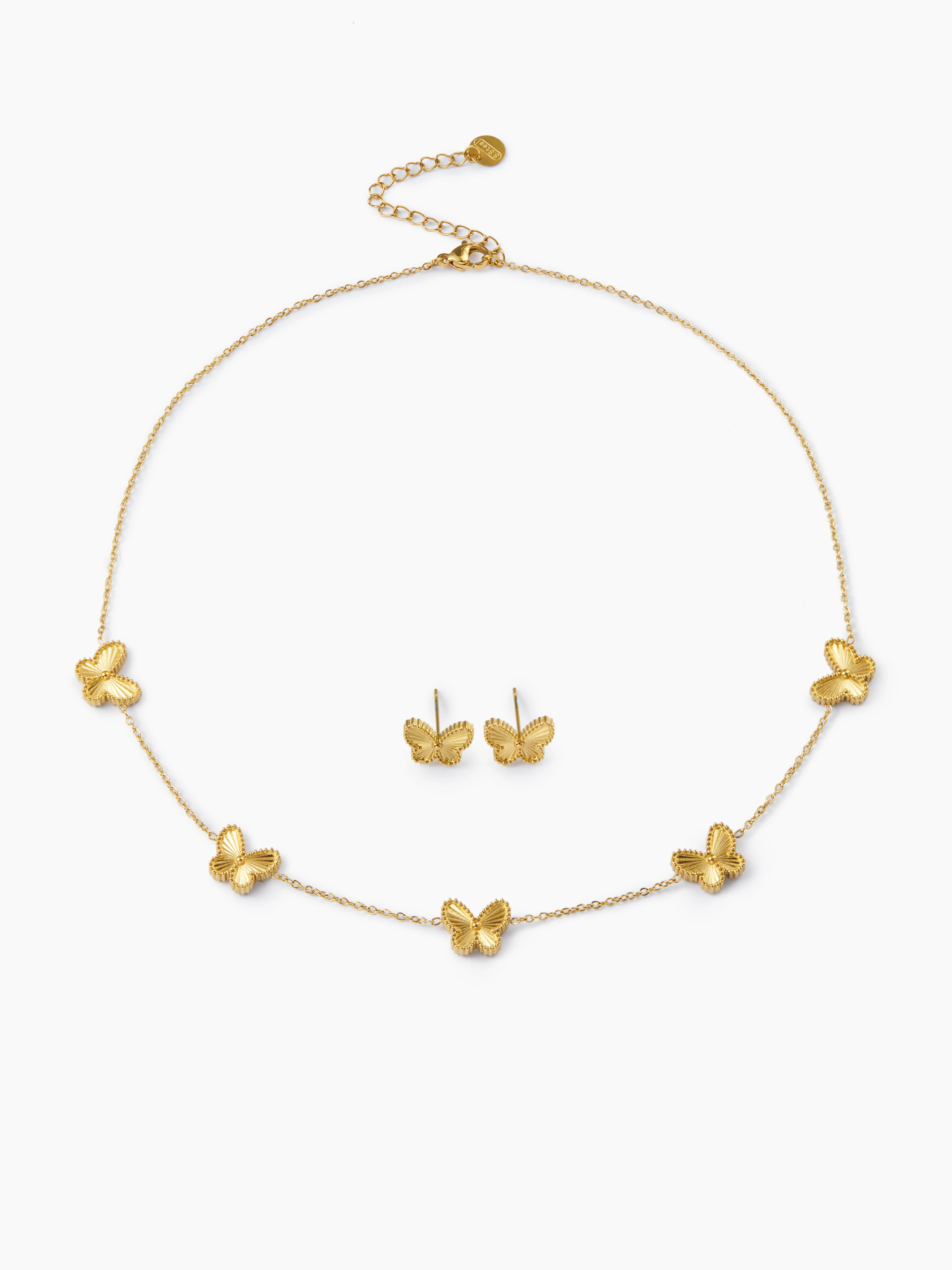 BUTTERFLY 18K GOLD PLATED STAINLESS STEEL CHAIN NECKLACE & STUD EARRINGS SET